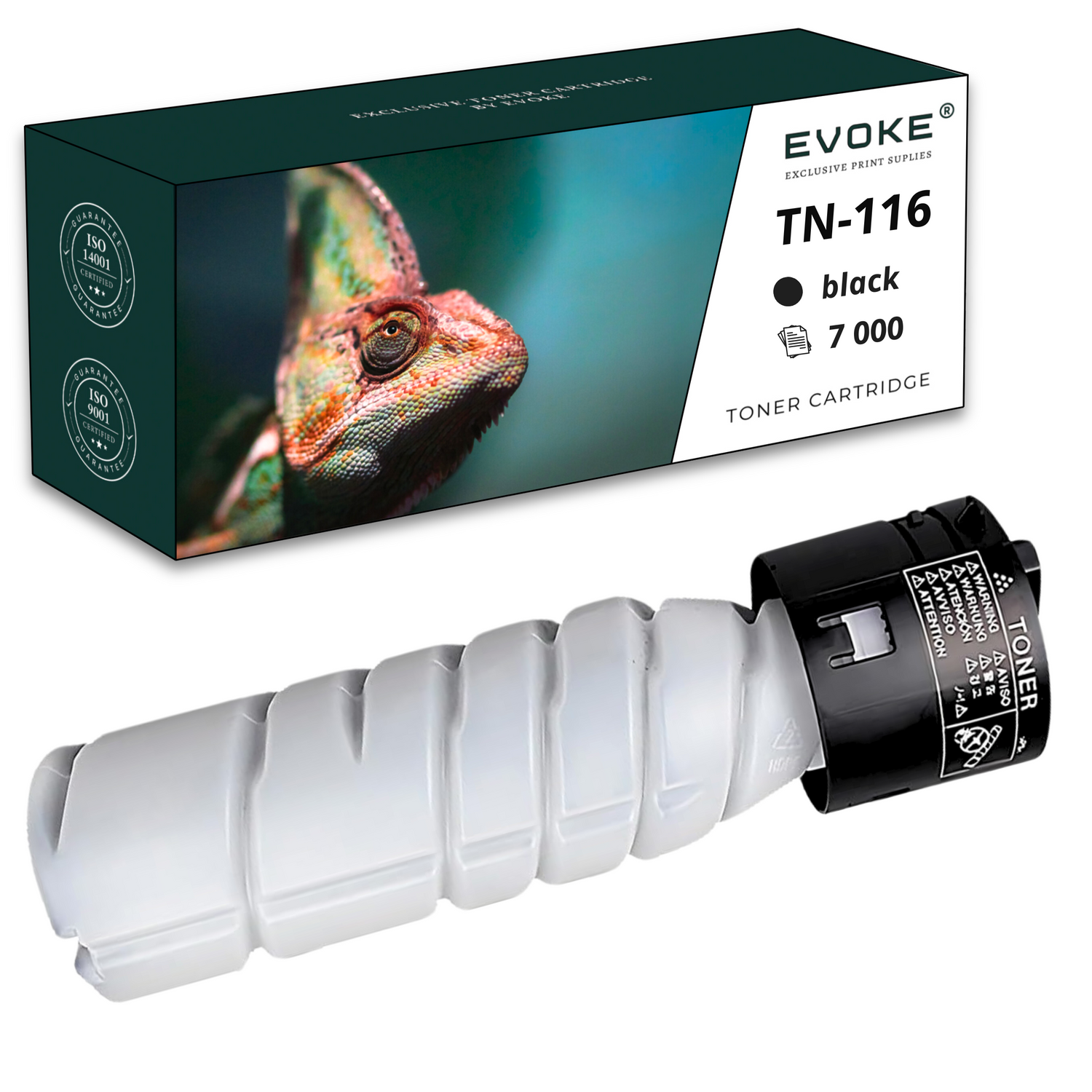 Pudełko z tonerem z wizerunkiem kameleona i sam wkład. Na pudełku napis: 'TN-116 czarny 7000 wkład z tonerem'.