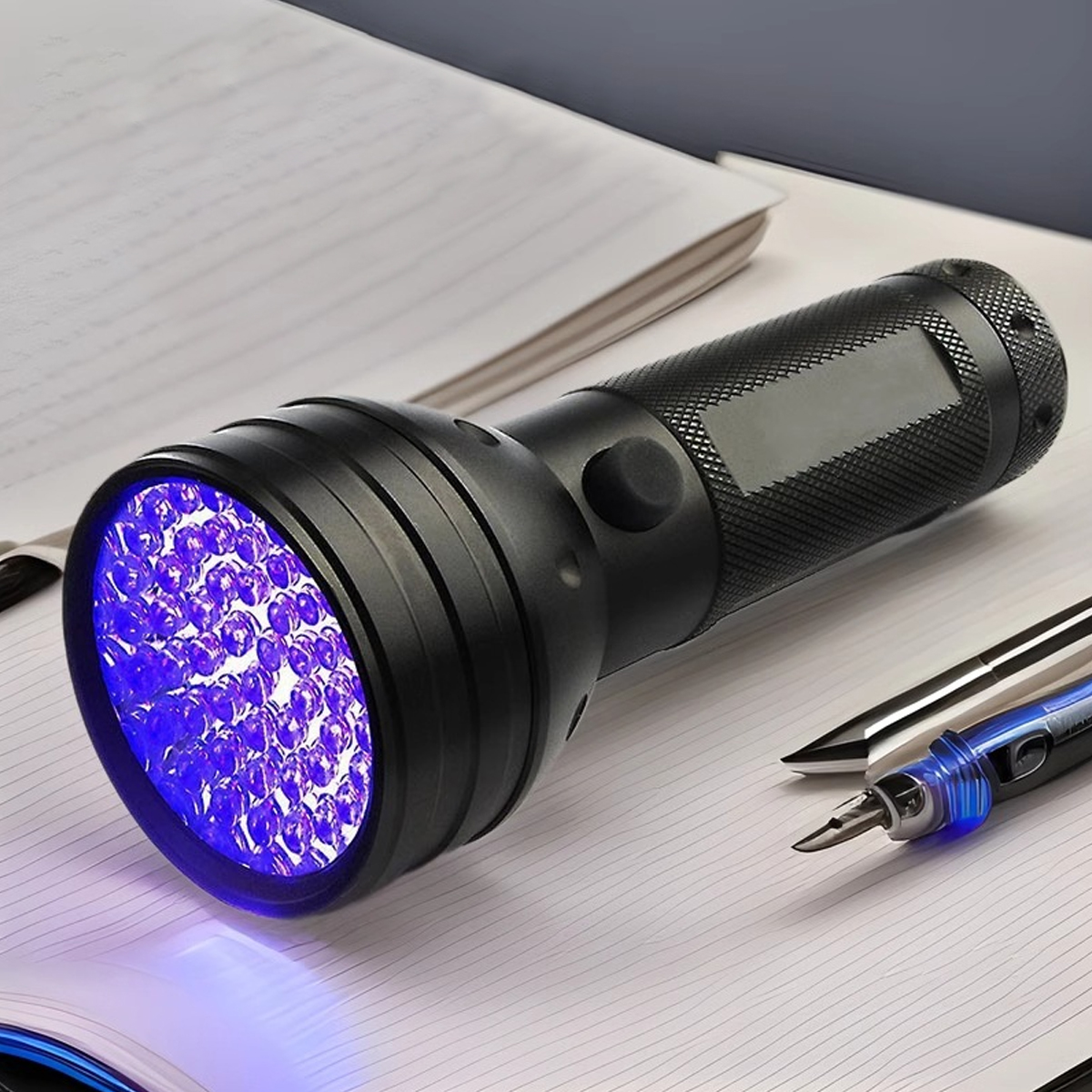 Schwarze UV-Taschenlampe auf einem Notizblock mit Stift. Die Taschenlampe gibt violettes Licht ab. Der Stift befindet sich in der Nähe der Taschenlampe.