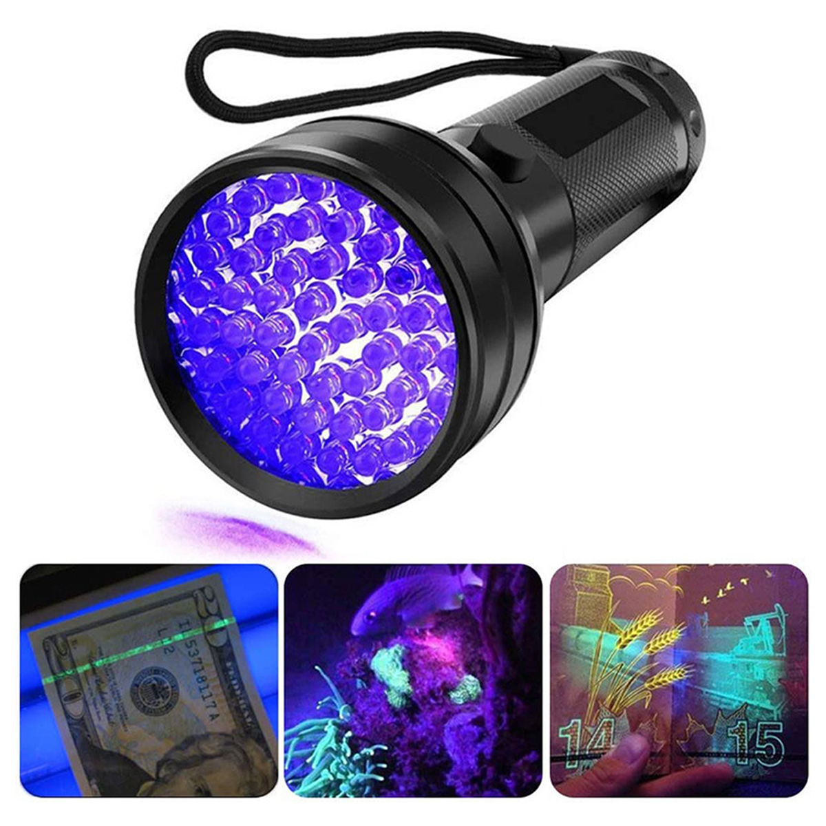 Eine schwarze UV-Taschenlampe mit lila LEDs. Drei kleine Bilder zeigen ihre Verwendung: eine Rechnung, ein Aquarium und eine Hand mit Zahlen.