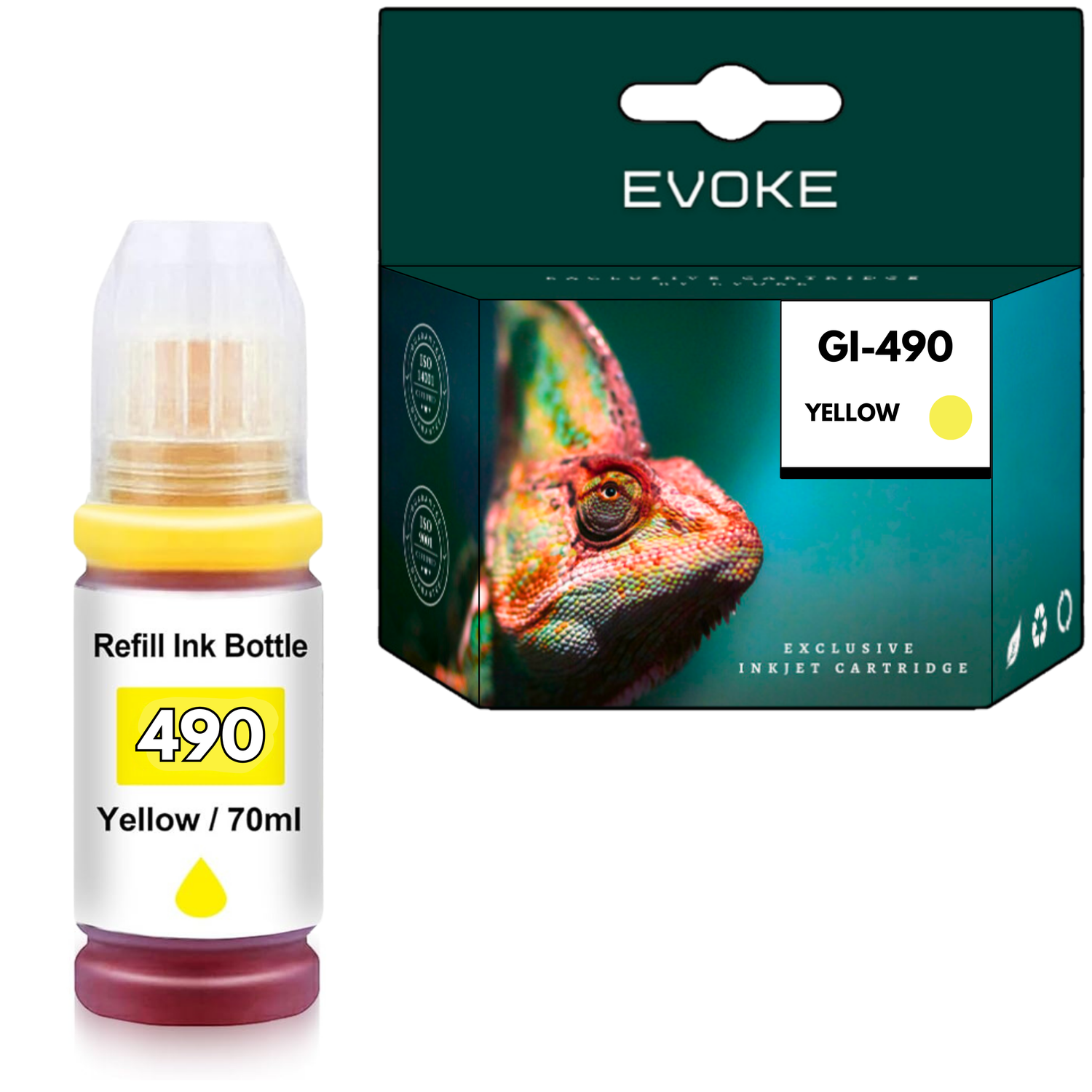 Obraz przedstawia żółtą butelkę z tuszem do napełniania i pudełko ze zdjęciem kameleona. Na pudełku napis GI-490 ŻÓŁTY.