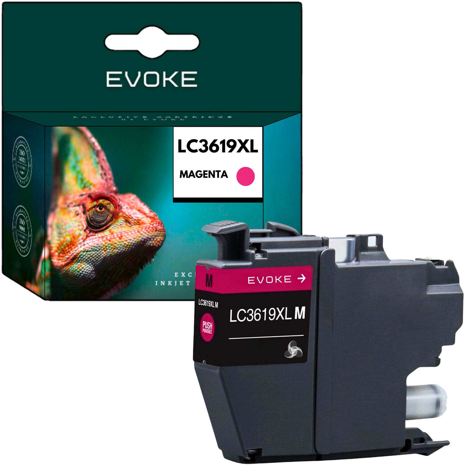 Magenta wkład atramentowy z pudełkiem z kameleonem. Wkład i pudełko wyświetlają szczegóły produktu i markę 'EVOKE'.