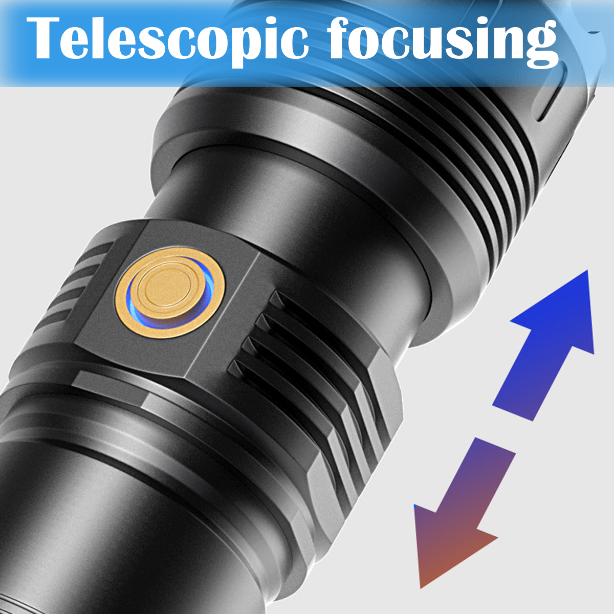 Schwarze Taschenlampe mit goldenem Knopf und blauem Ring. Pfeile zeigen die Teleskop-Fokussierung. Text 'Teleskop-Fokussierung' oben.