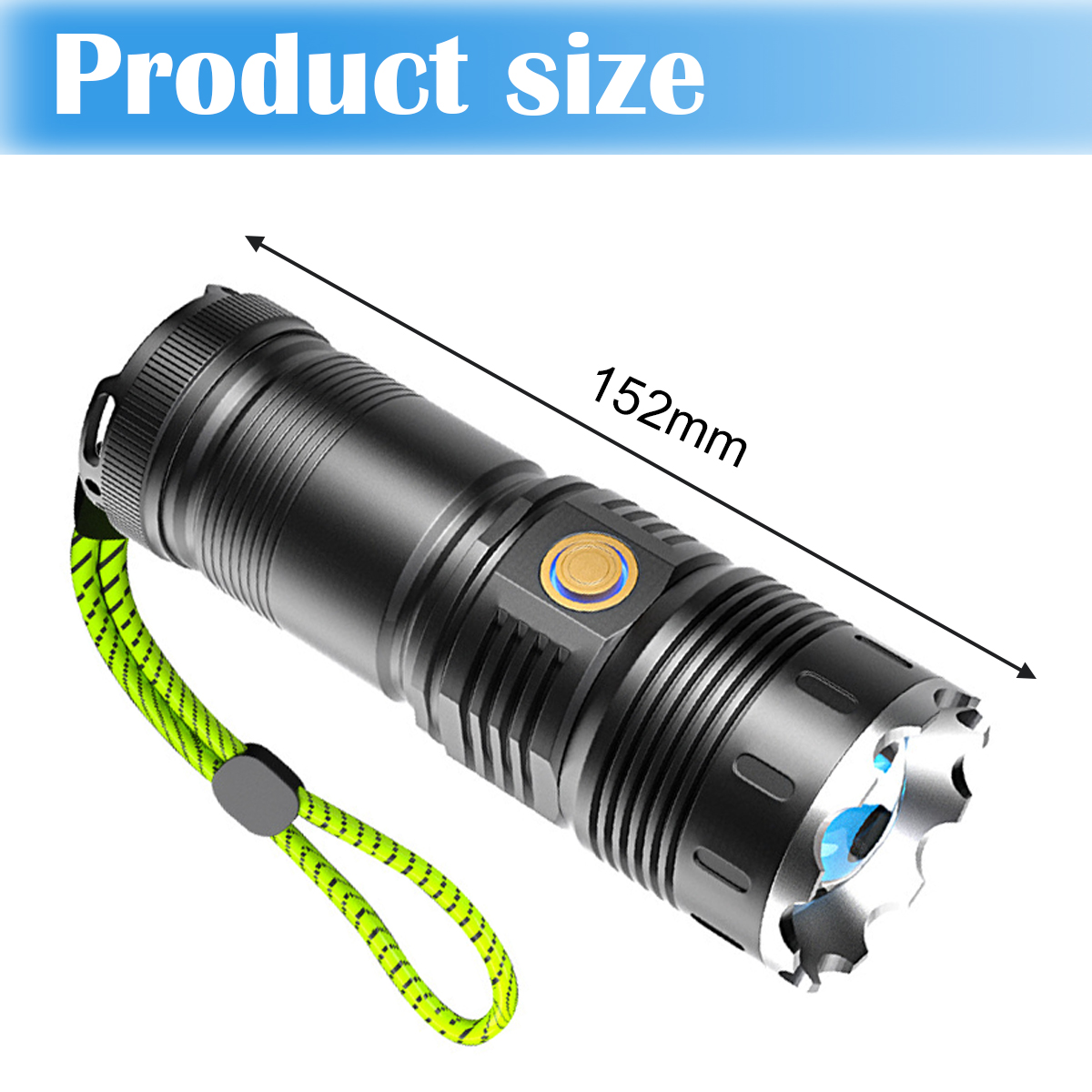 Schwarze Taschenlampe, 152 mm lang, mit grünem Handgelenkband. Text oben: "Produktgröße."