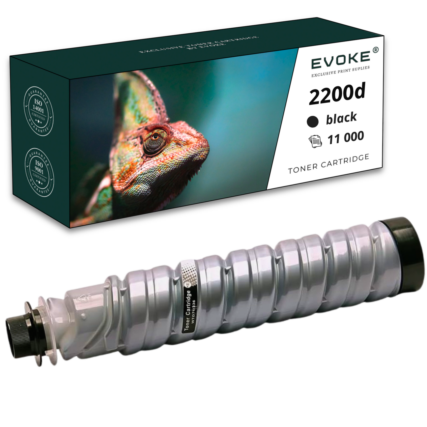 Pudełko z tonerem ze zdjęciem kameleona i srebrny toner poniżej. Na pudełku napis: '2200d black 11000'.