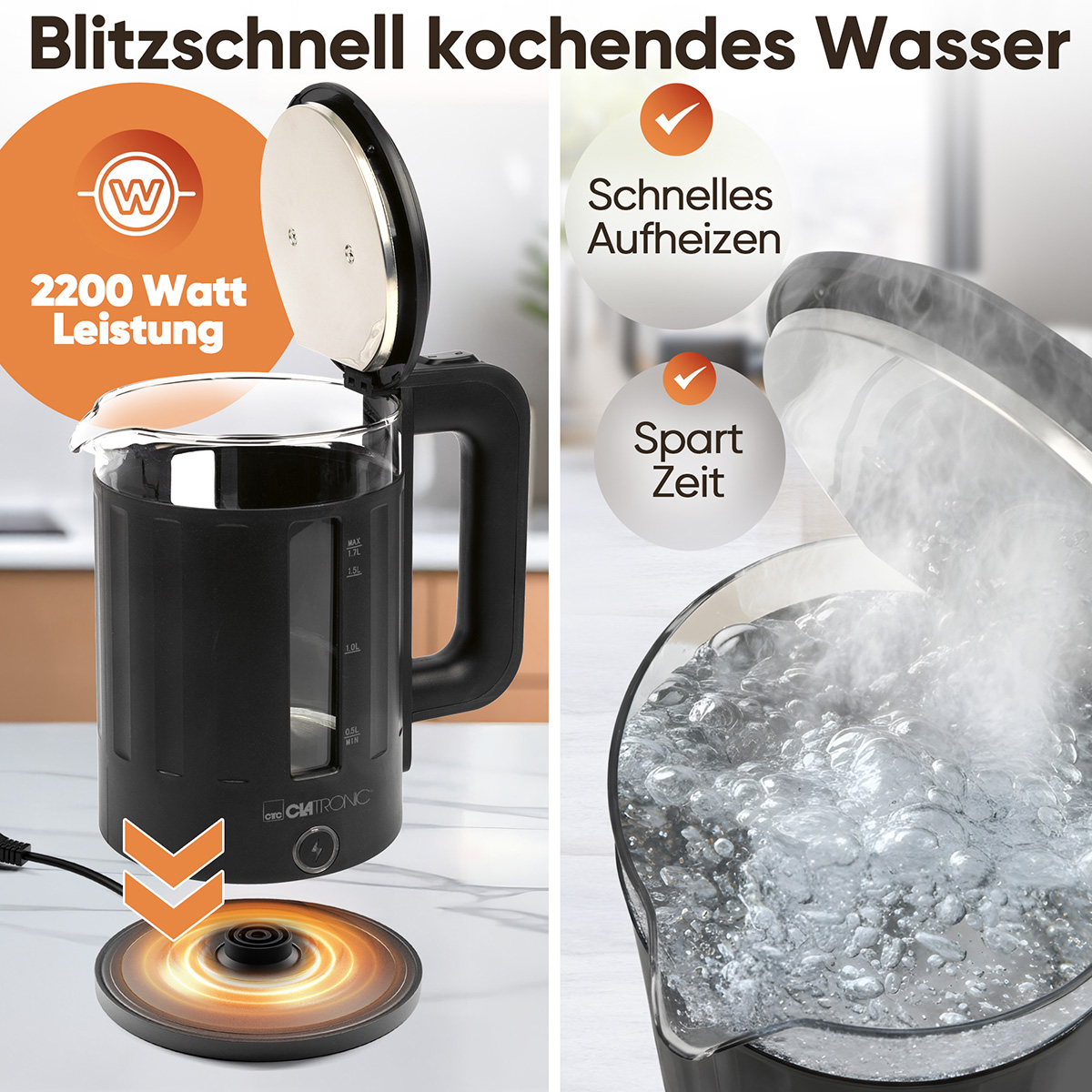 Ein schwarzer Wasserkocher mit kochendem Wasser und aufsteigendem Dampf. Text hebt schnelles Aufheizen und Zeitersparnis hervor.