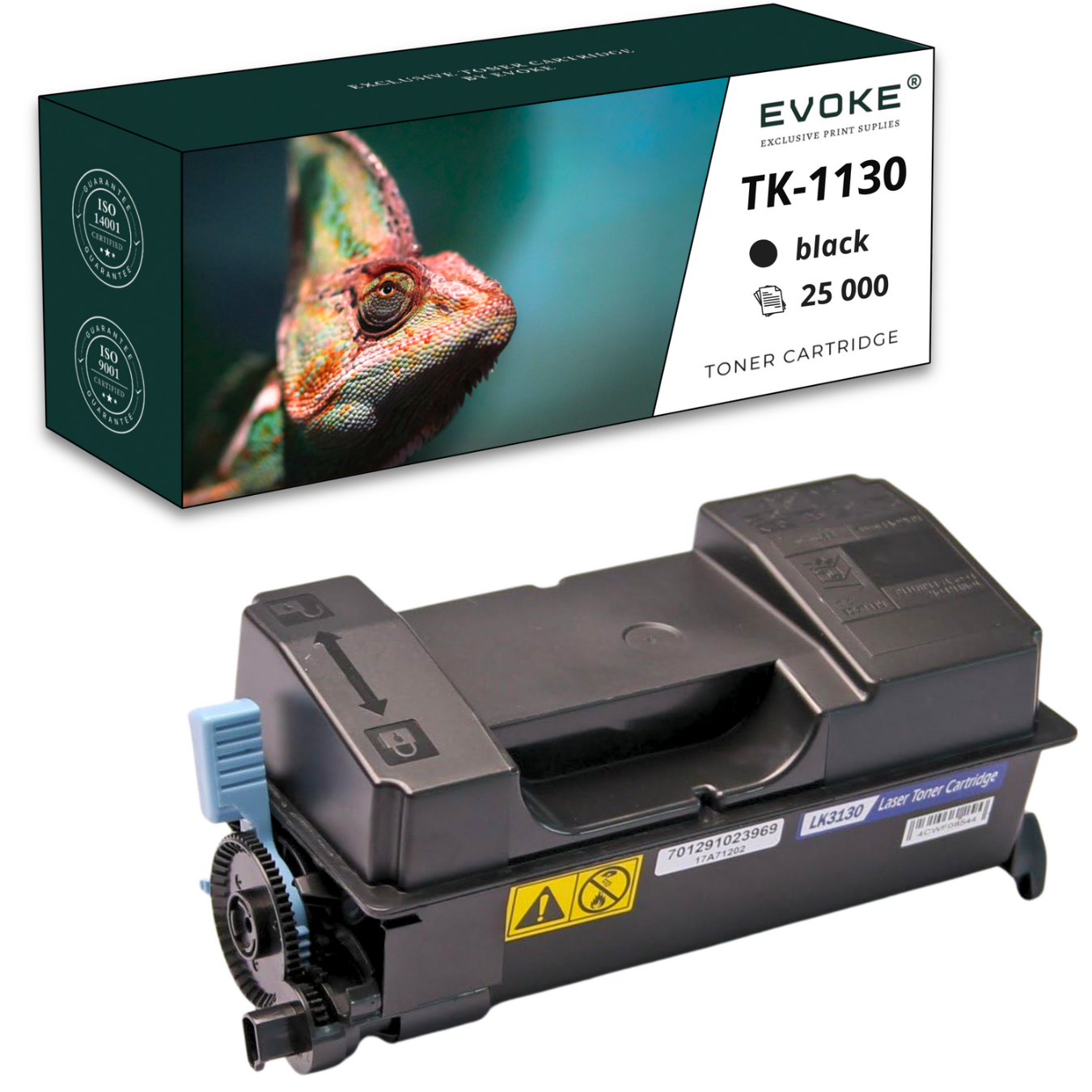 Pokazano pudełko z tonerem i wkład. Pudełko ma wizerunek kameleona i tekst. Wkład jest czarny.