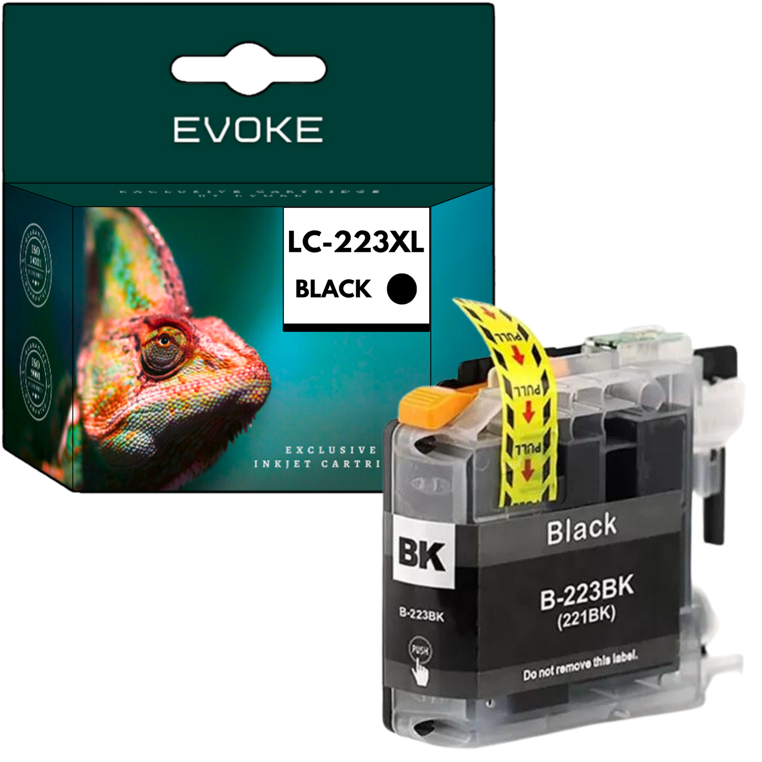 Wkład atramentowy do drukarki i pudełko. Pudełko ma obraz kameleona. Wkład jest czarny i oznaczony jako B-223BK (221BK).