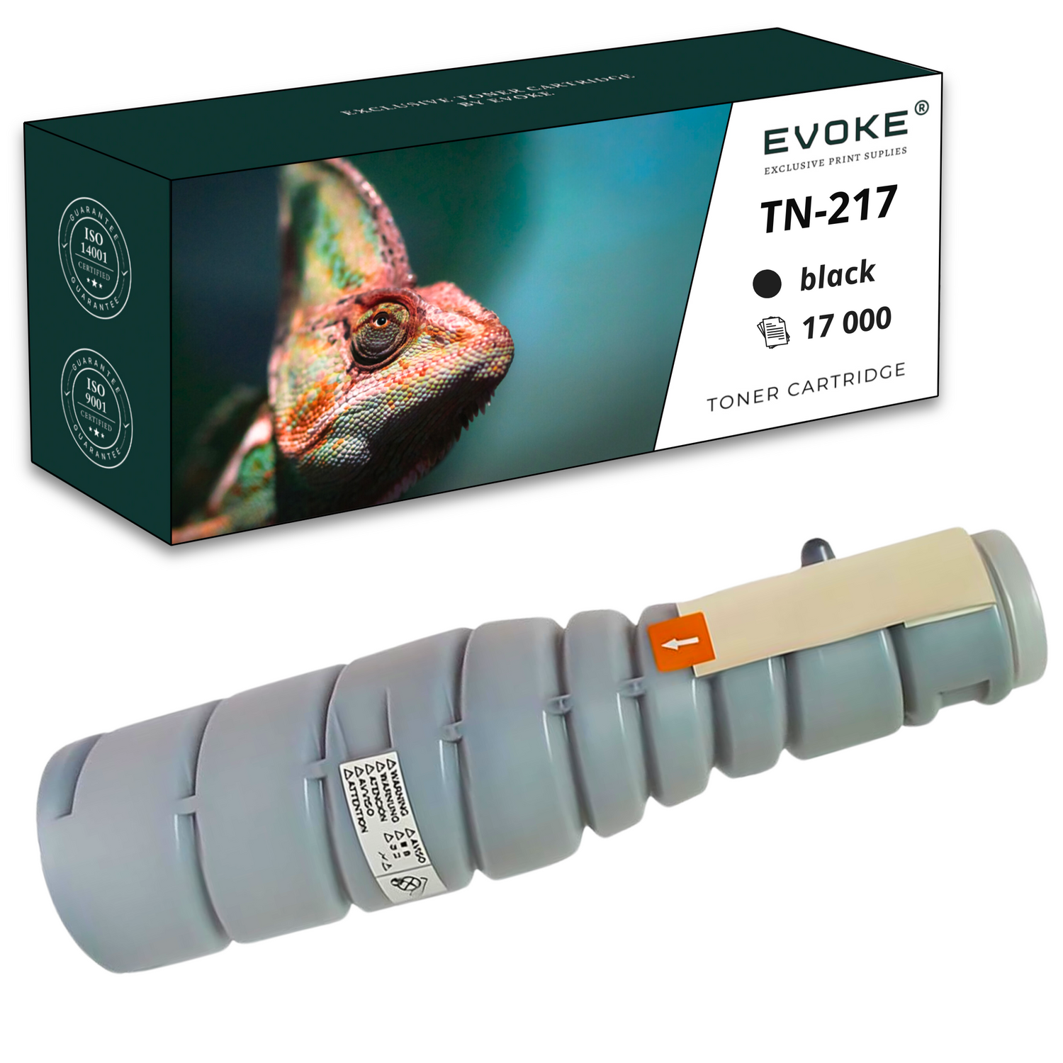 Wkład z tonerem z jego pudełkiem, pokazujący wizerunek kameleona. Na pudełku napis 'TN-217 black 17 000' i marka 'EVOKE'.