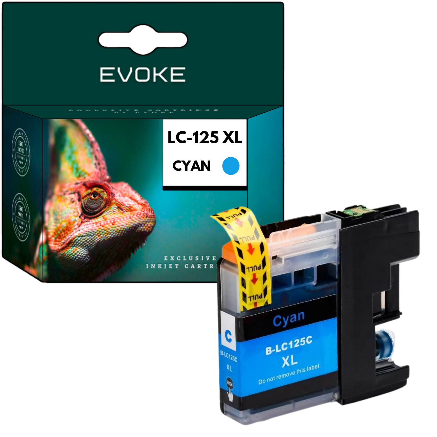 Przedstawiono wkład z tuszem cyjanowym Evoke i jego pudełko. Na pudełku znajduje się wizerunek kameleona. Wkład ma niebieską etykietę i naklejkę „pociągnij”.