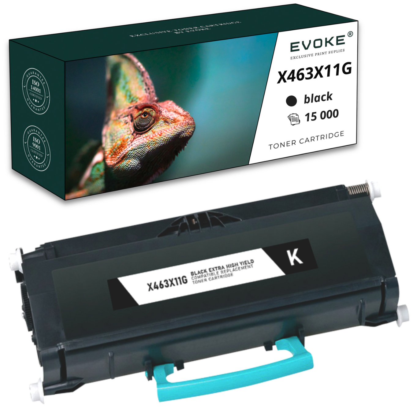 Obraz przedstawia czarny wkład z tonerem i jego pudełko. Na pudełku znajduje się zdjęcie kameleona oraz tekst 'czarny', '15 000' i 'TONER CARTRIDGE'.