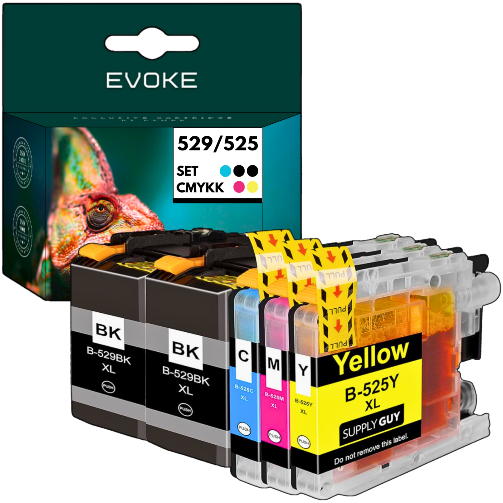 Zestaw wkładów atramentowych z czarnym, cyjanowym, magenta i żółtym. Pudełko z kameleonem w tle.