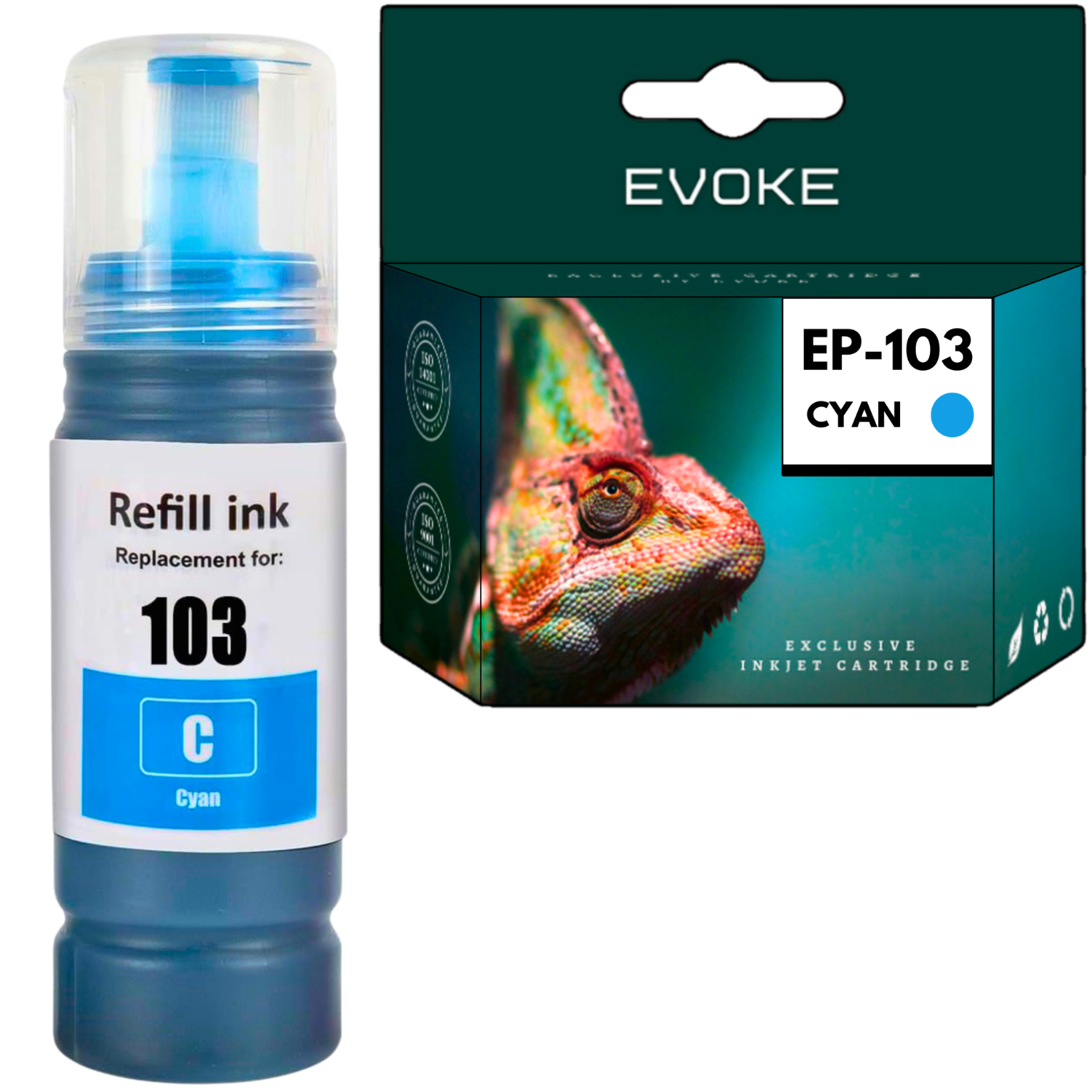 Butelka z niebiesko-zielonym tuszem i pudełko ze zdjęciem kameleona i tekstem: EP-103 CYAN. Na butelce napisano uzupełnij tusz.