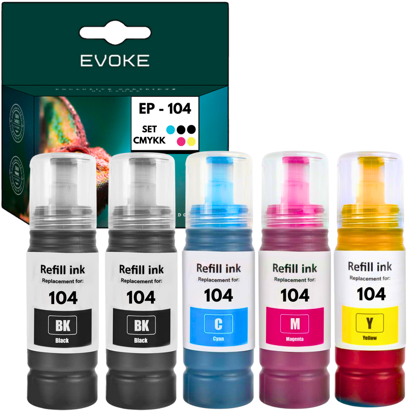 Zestaw butelek z tuszem do drukarki. Kolory czarny, cyjan, magenta, żółty i pudełko tej samej marki w tle.