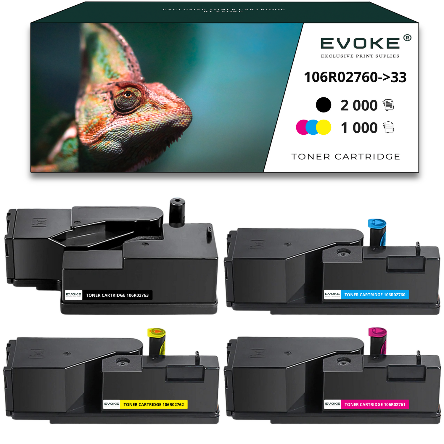 Obraz przedstawia wkłady z tonerem Evoke i kameleona na pudełku. Wkłady są czarne z dyszami w różnych kolorach.