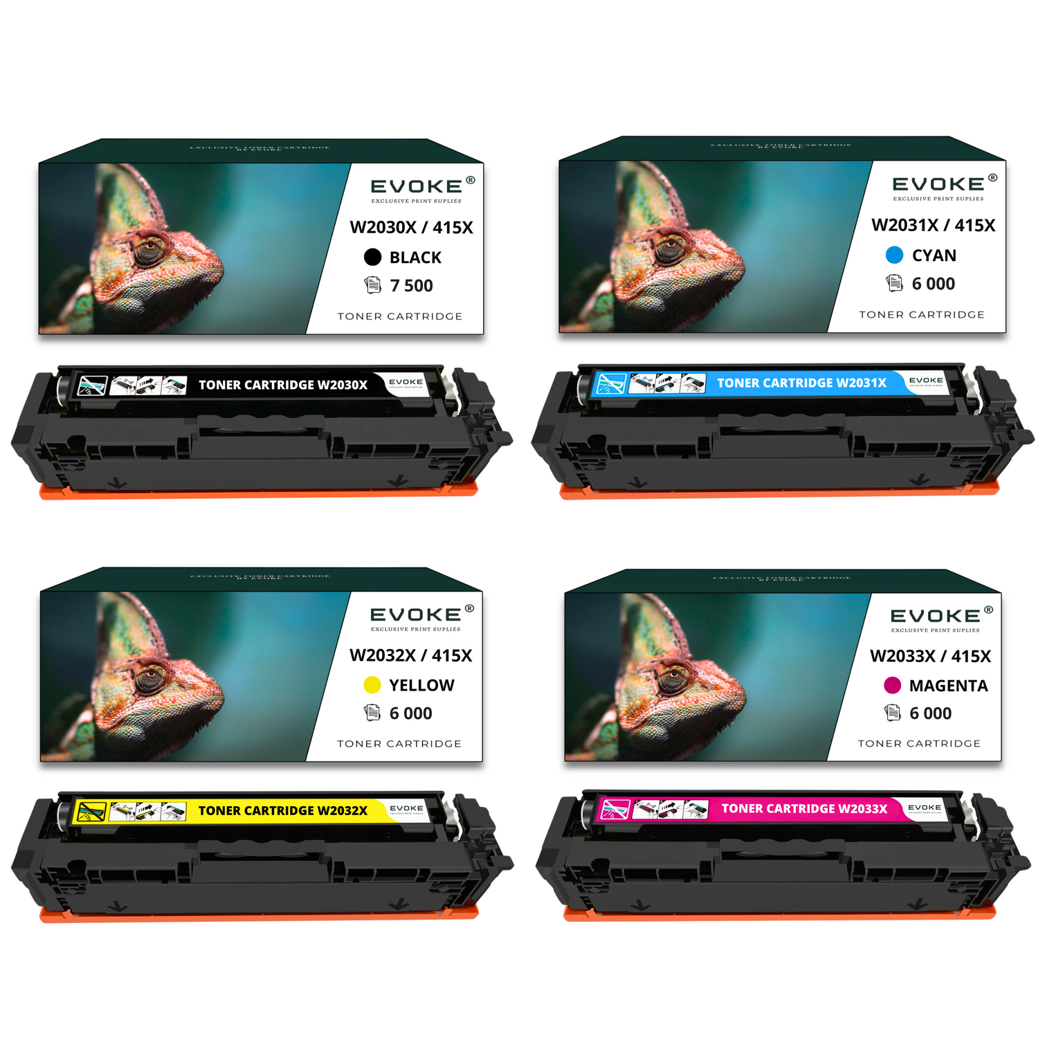 Cztery wkłady z tonerem, każdy z pudełkiem przedstawiającym kameleona i szczegółami koloru: czarny, cyjan, żółty i magenta.