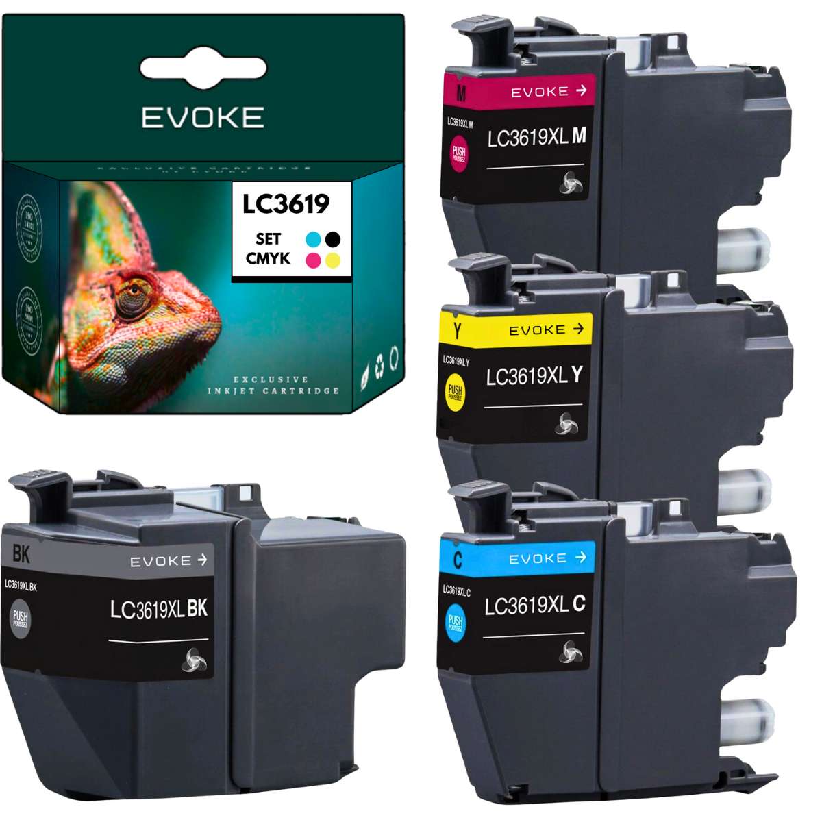 Zestaw wkładów atramentowych. Zawiera czarne, magenty, żółte i cyjanowe wkłady z kolorami CMYK.