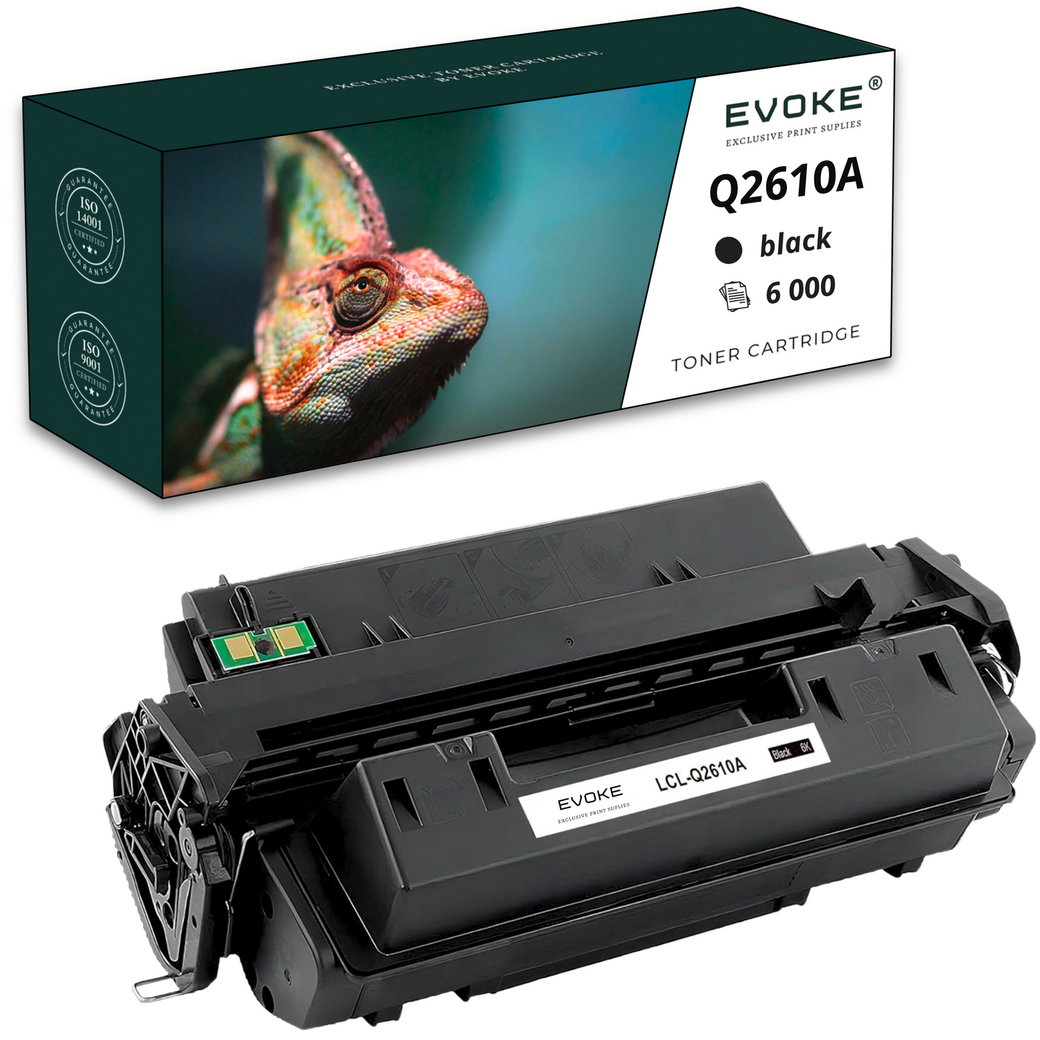 Czarny toner z pudełkiem z wizerunkiem kameleona. Na pudełku napis: 'EVOKE Q2610A black 6000'.