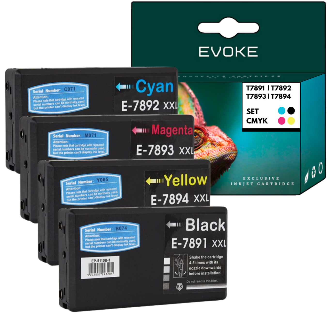 Zestaw wkładów atramentowych w kolorach cyjan, magenta, żółty i czarny. Pudełko z marką EVOKE. Widoczne etykiety i numery seryjne.