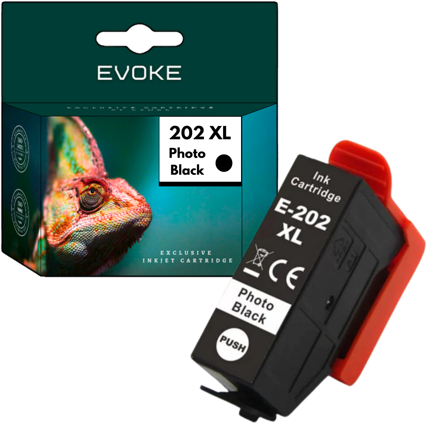 Pudełko ze zdjęciem kameleona i czarny wkład atramentowy z czerwonym uchwytem. Tekst: 202 XL Photo Black i Ink Cartridge E-202 XL.