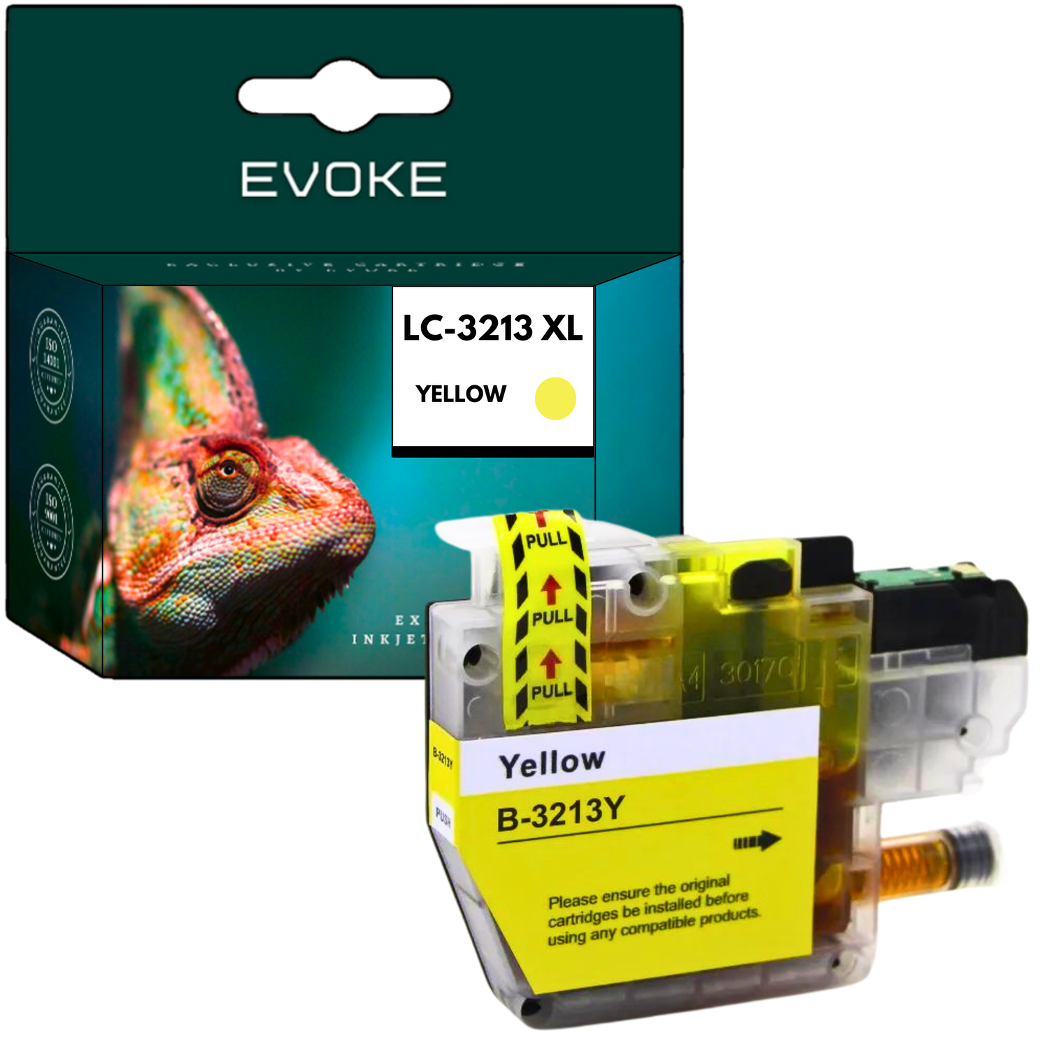 Kameleon na pudełku z żółtym wkładem atramentowym. Wkład oznaczony jako 'LC-3213 XL YELLOW' i 'B-3213Y'.