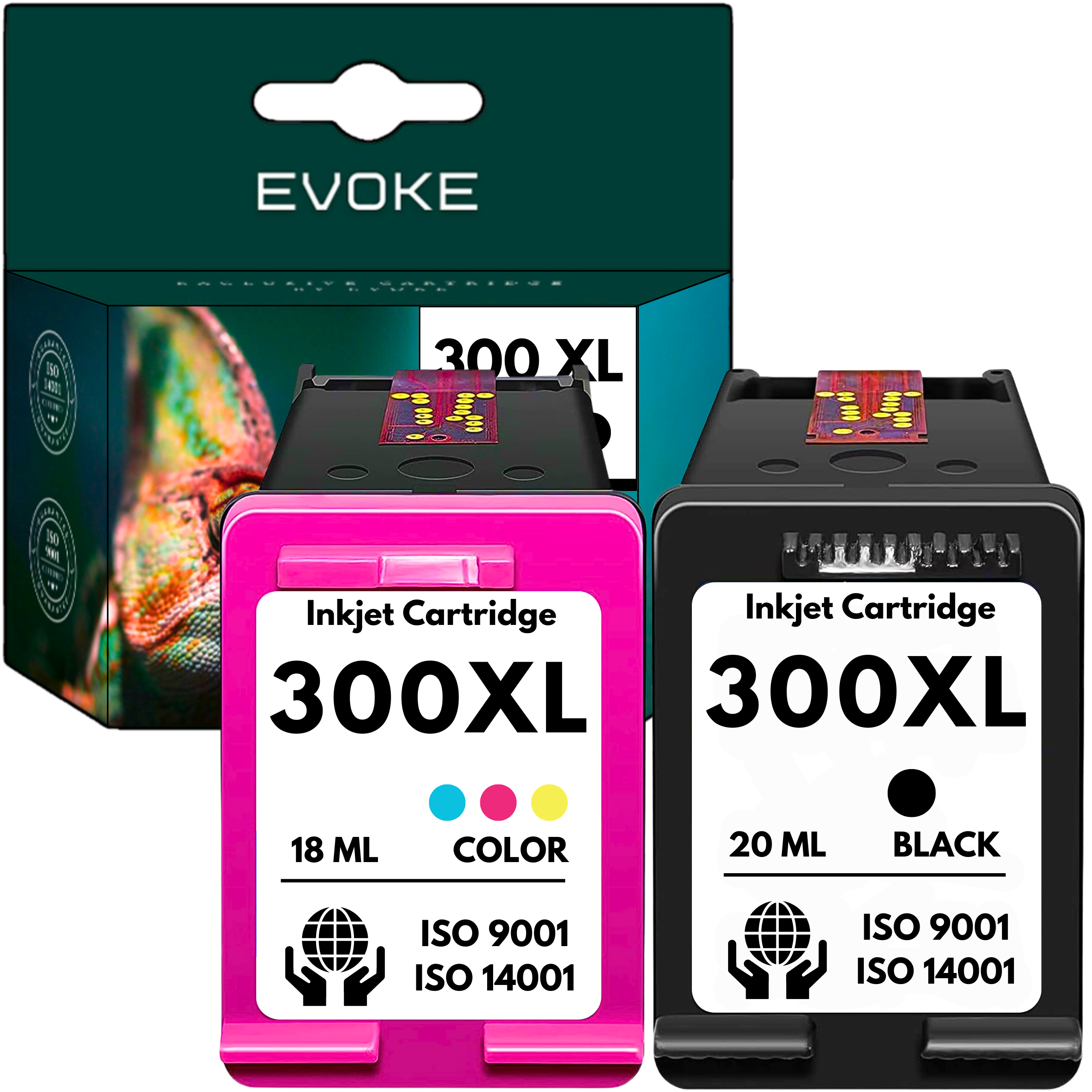 Pudełko z wkładami atramentowymi z dwoma wkładami, jednym różowym i jednym czarnym. Różowy jest kolorowy, czarny jest czarny.