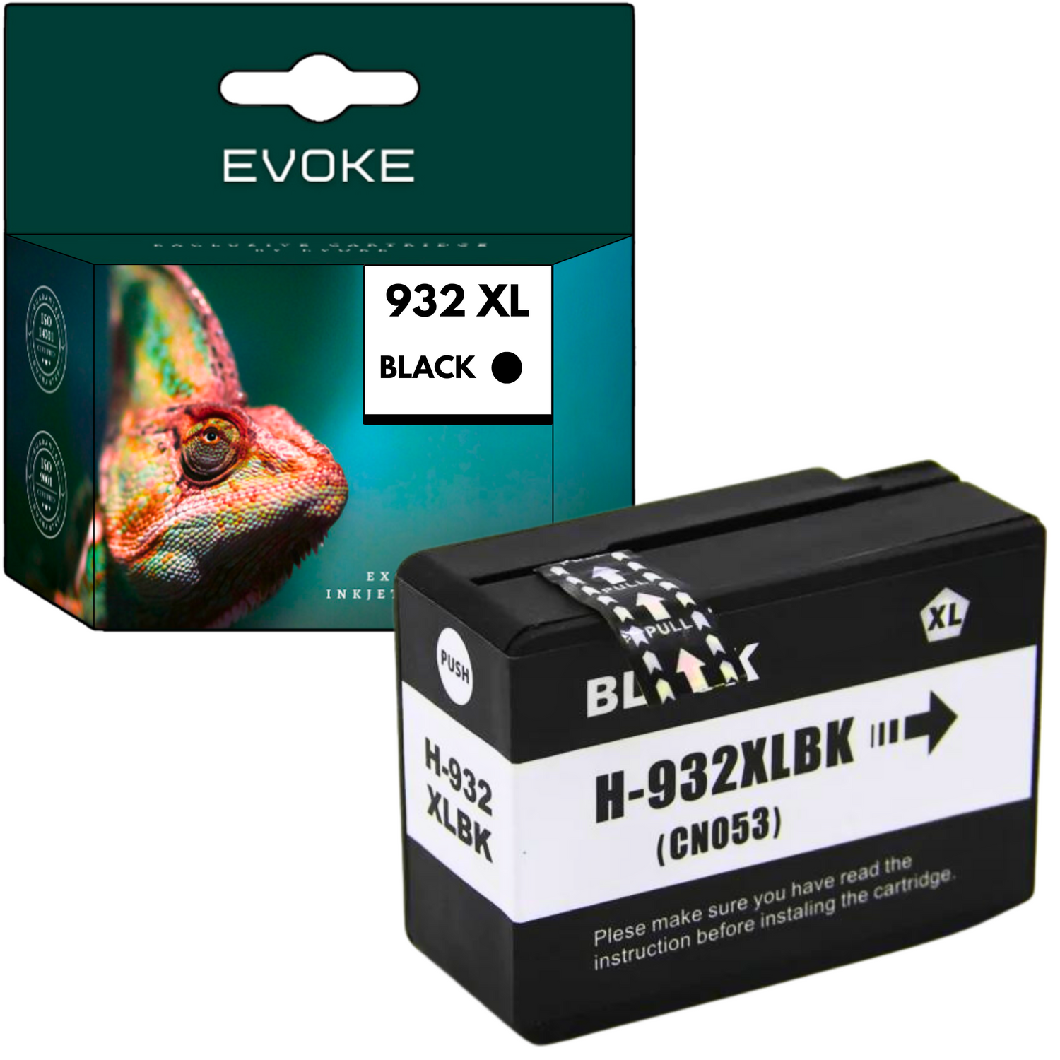 Pudełko z czarnym tuszem, ze zdjęciem kameleona i napisem '932 XL BLACK'. Pokazany jest również czarny wkład atramentowy.