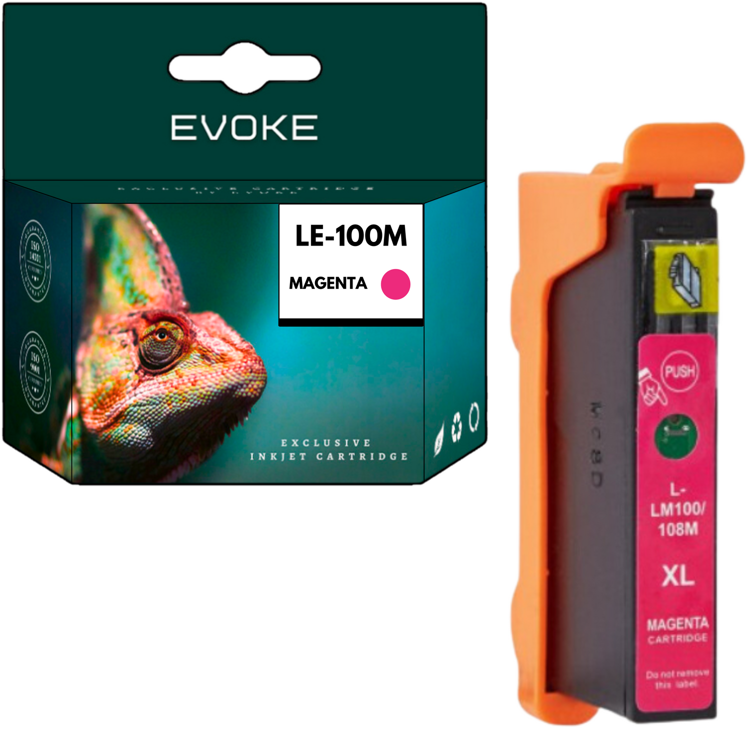 Obraz przedstawia pudełko z wkładem atramentowym z kameleonem i wkładem w kolorze magenta. Pudełko mówi 'Evoke' i 'Magenta'.