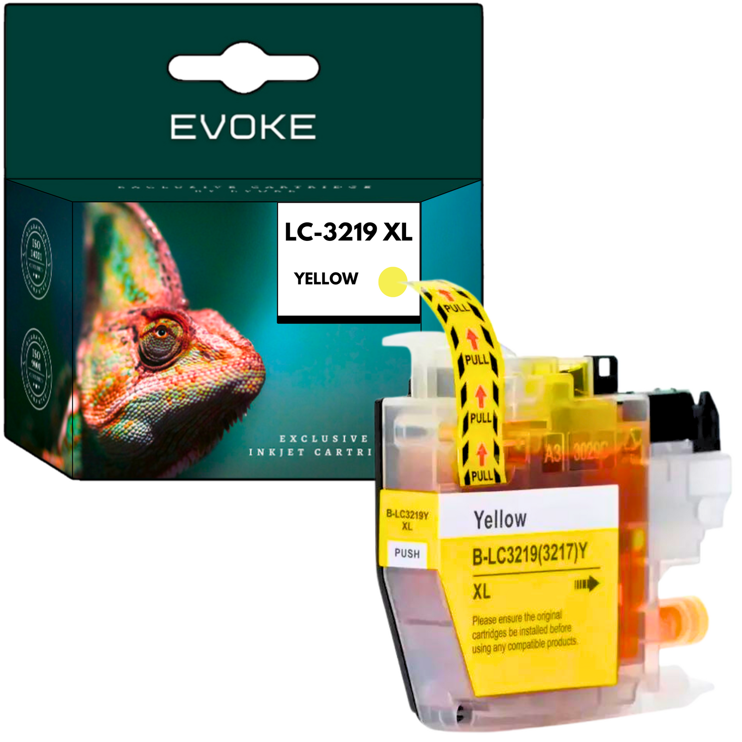 Żółty wkład atramentowy z pudełkiem z kameleonem. Tekst zawiera 'EVOKE', 'LC-3219 XL' i 'Żółty'. Widoczne zakładki do pociągnięcia.