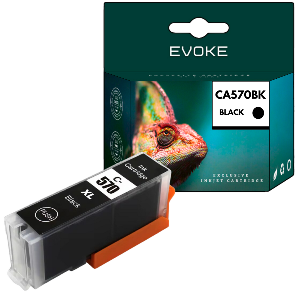 Wkład atramentowy z czarnym zbiornikiem. Pudełko przedstawia kameleona. Na wkładzie napis '570 XL Black'.