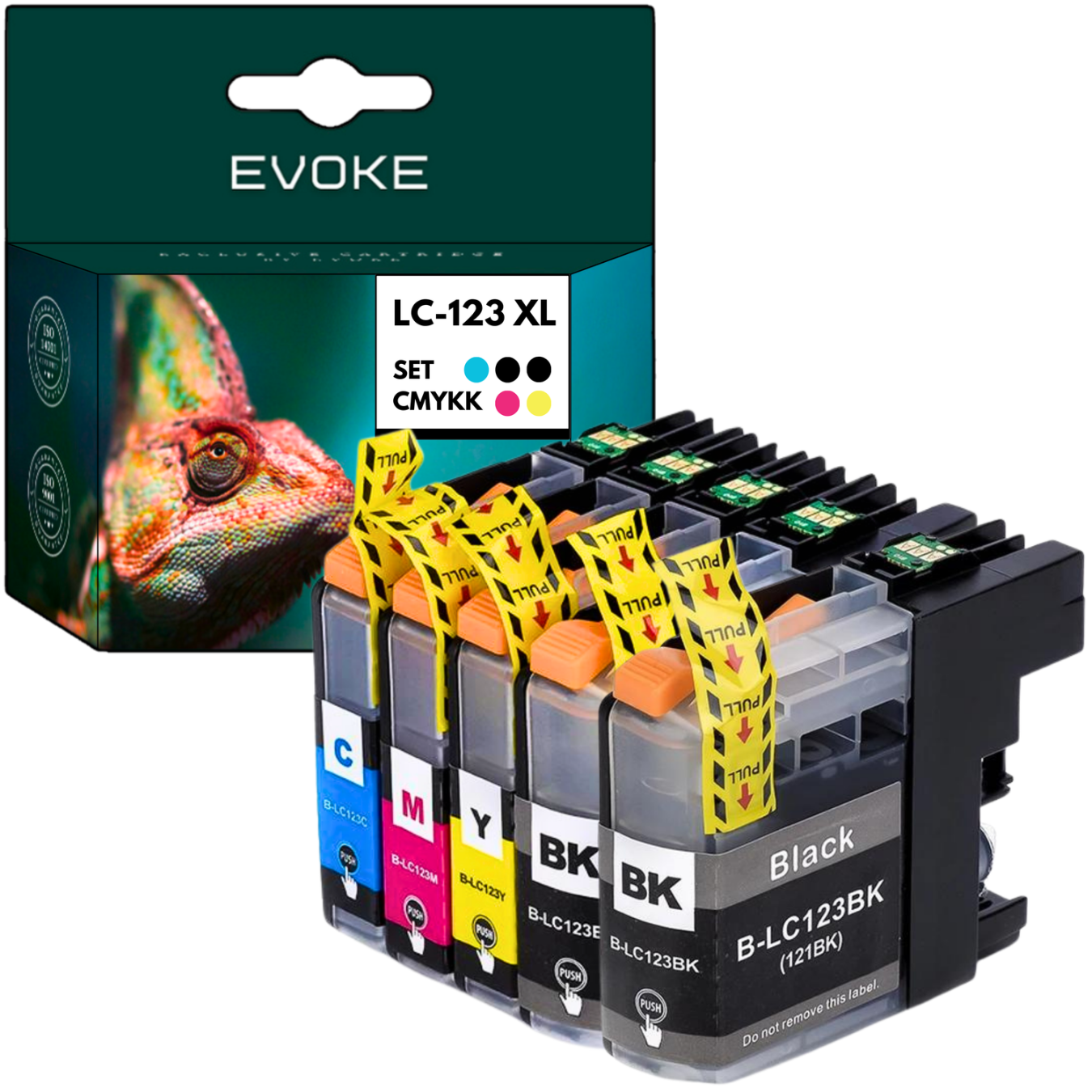 Zestaw wkładów atramentowych z pudełkiem. Pudełko ma obraz kameleona. Wkłady są czarne, magenta, żółte i cyjanowe.