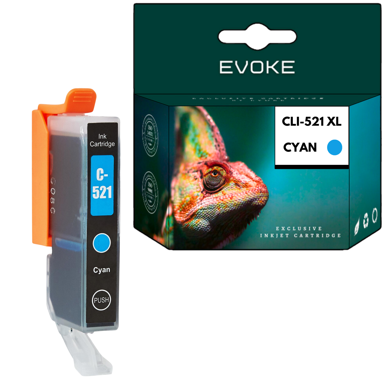 Wkład atramentowy z pomarańczowym uchwytem i pudełko ze zdjęciem kameleona i cyjanową etykietą.