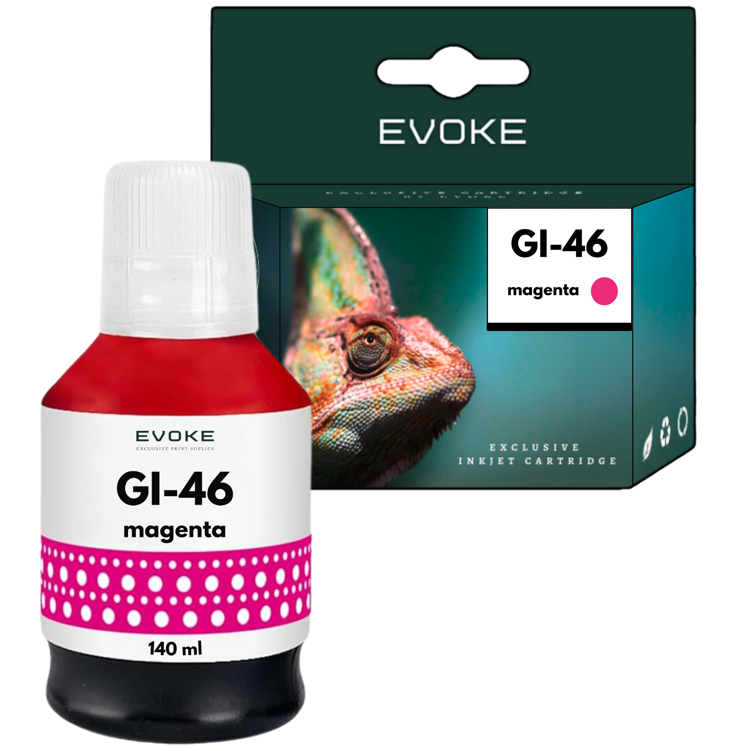 Butelka i wkład z tuszem w kolorze magenta. Butelka ma białą etykietę z tekstem, a wkład kameleona.