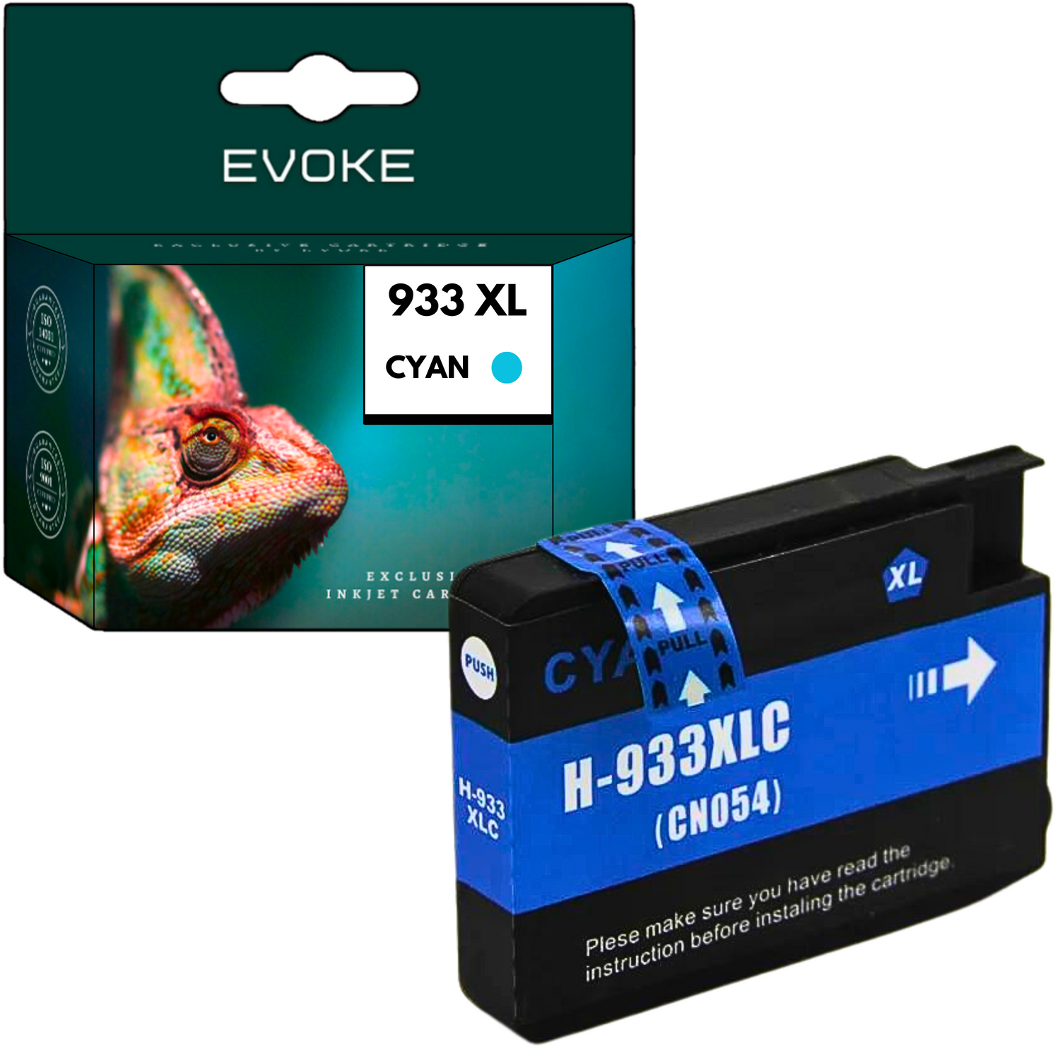 Wkład atramentowy w kolorze cyjan i pudełko. Pudełko ma obraz kameleona. Wkład ma niebieską etykietę z tekstem i strzałką.
