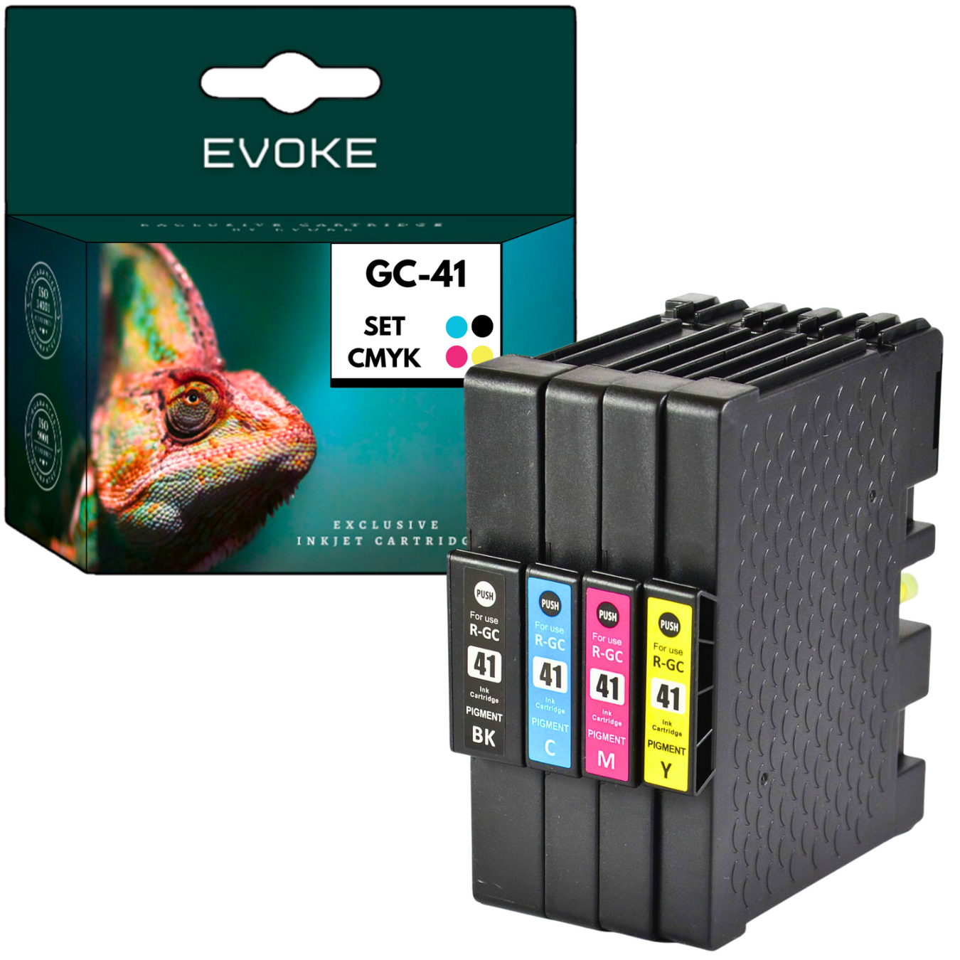 Pudełko z wkładami atramentowymi Evoke GC-41 ze zdjęciem kameleona i czarnymi wkładami w kolorach CMYK.