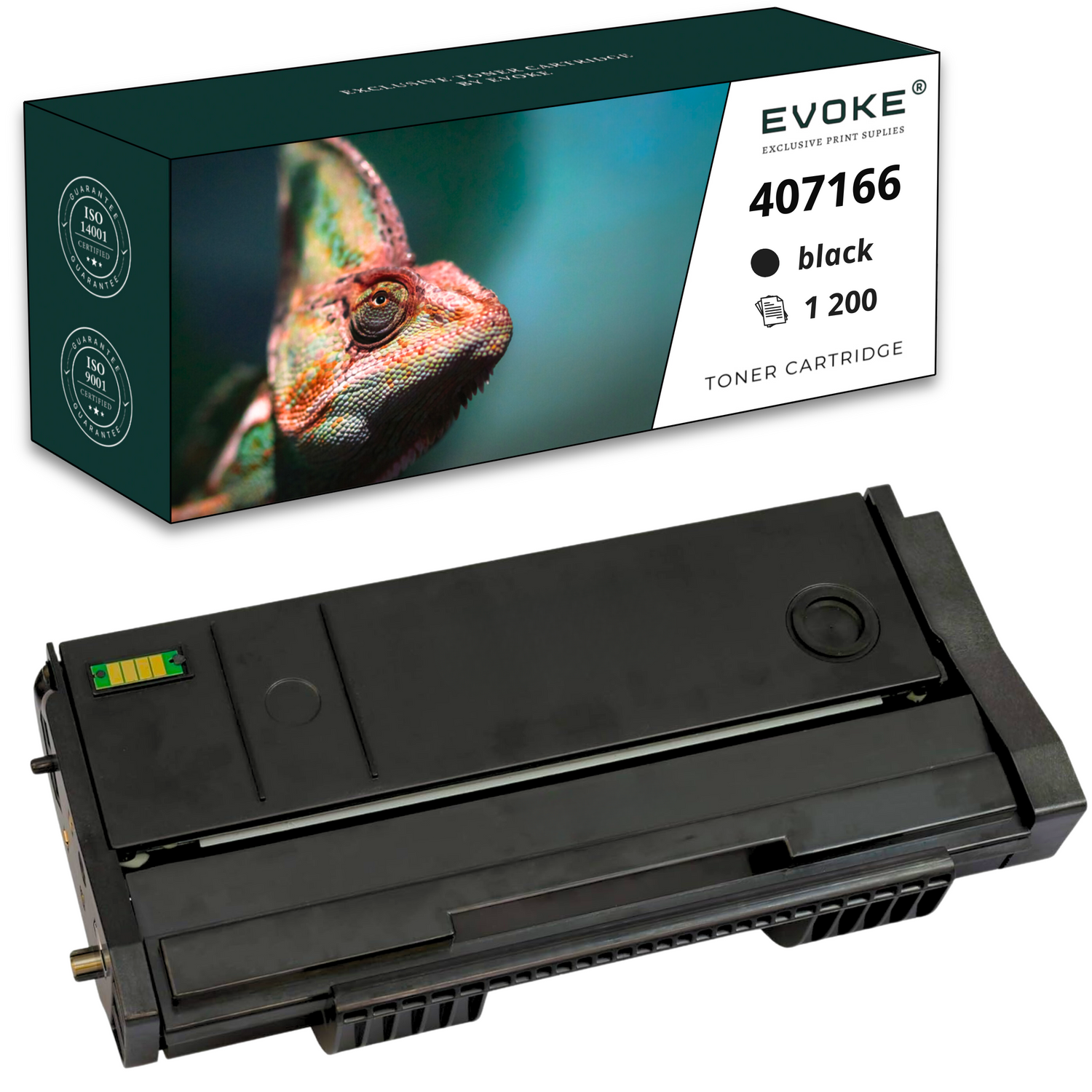 Pudełko z tonerem ze zdjęciem kameleona i czarny toner poniżej. Pudełko zawiera szczegóły produktu.