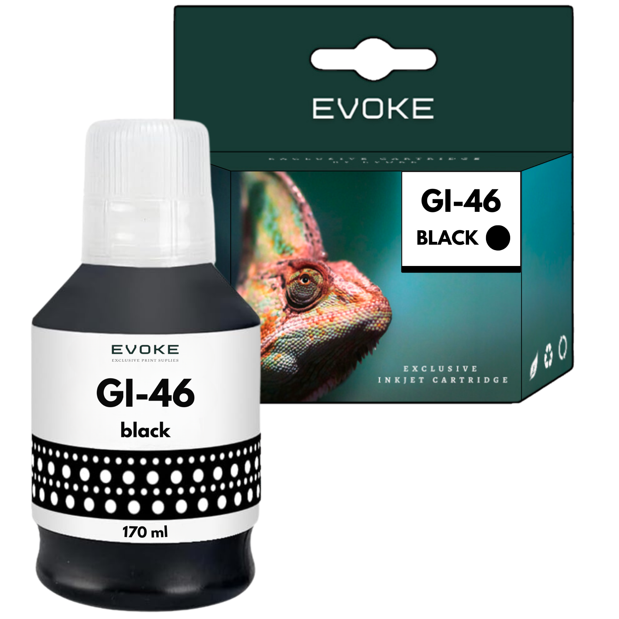 Butelka czarnego tuszu i wkład. Na butelce napis GI-46 czarny. Wkład ma wizerunek kameleona.