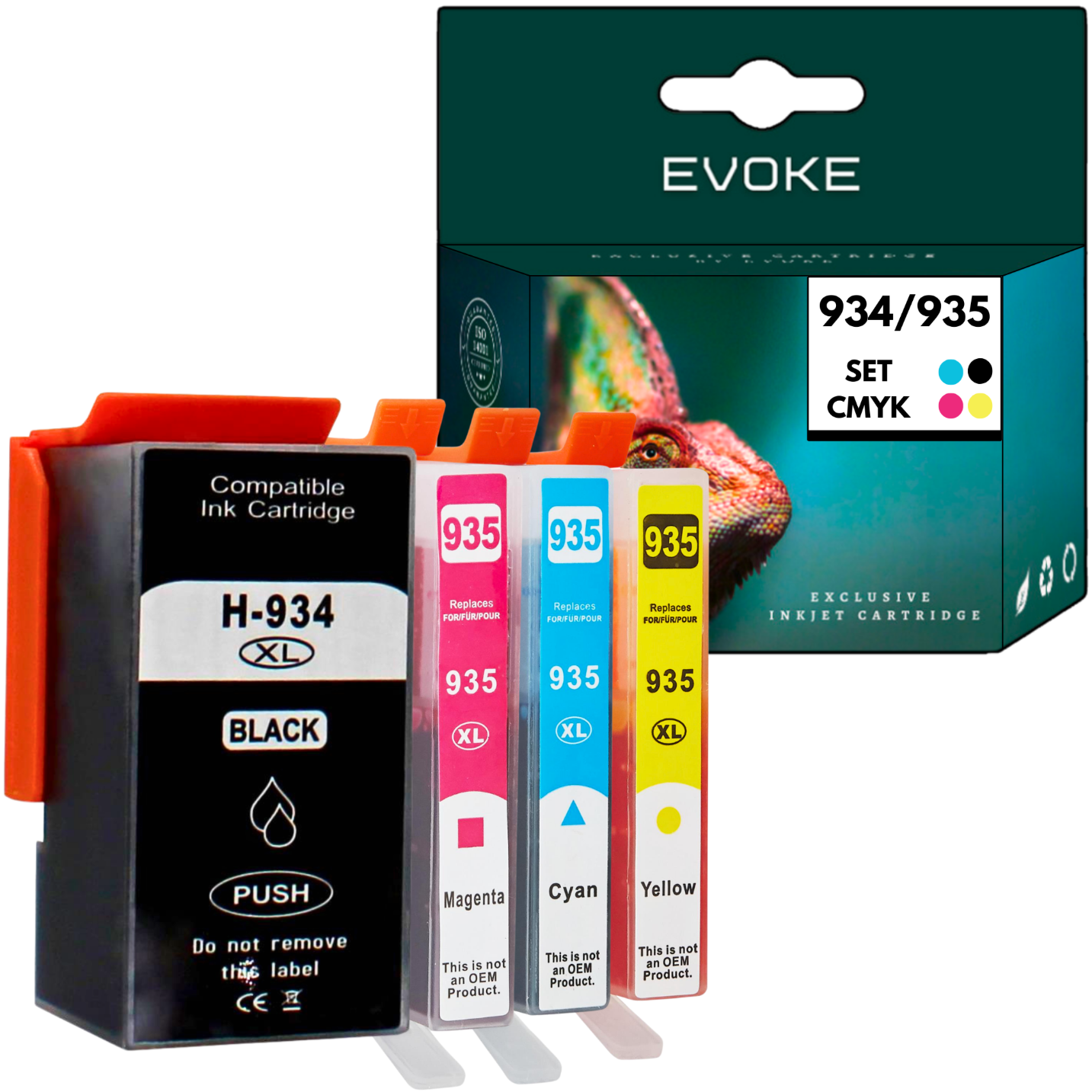 Kartridże z tuszem: czarny, magenta, cyjan, żółty. Czarny kartridż po lewej. Pudełko ze zdjęciem kameleona po prawej.