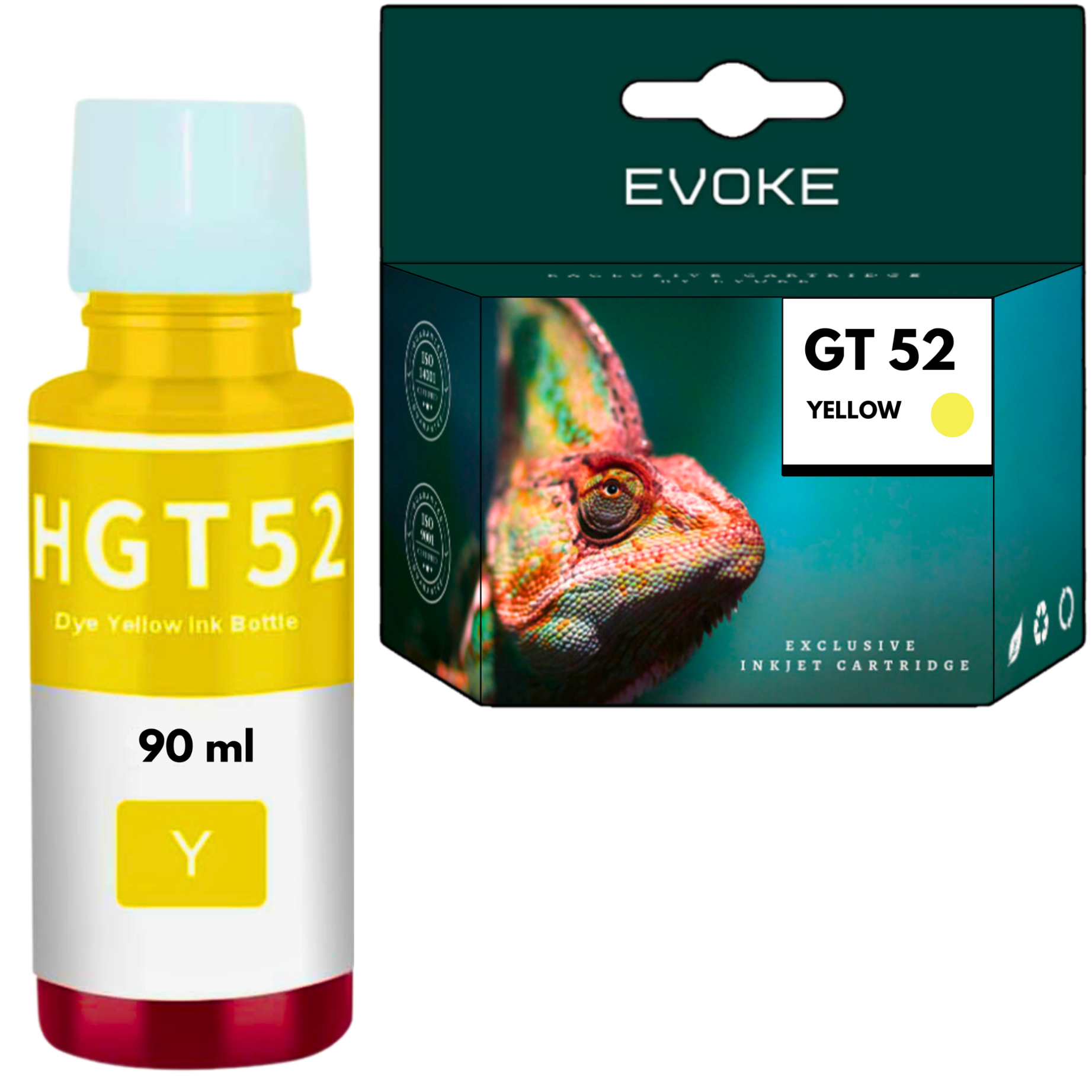 Obraz przedstawia żółtą butelkę z tuszem i pudełko. Butelka jest oznaczona jako 'HGT52'. Pudełko jest oznaczone jako 'GT 52 YELLOW'.