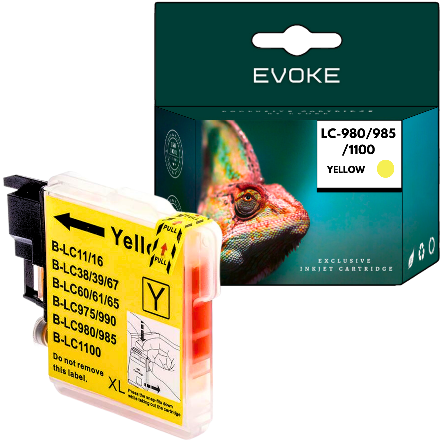 Żółty wkład atramentowy i pudełko. Pudełko ma zdjęcie kameleona. Wkład ma żółtą etykietę, tekst i instrukcje.