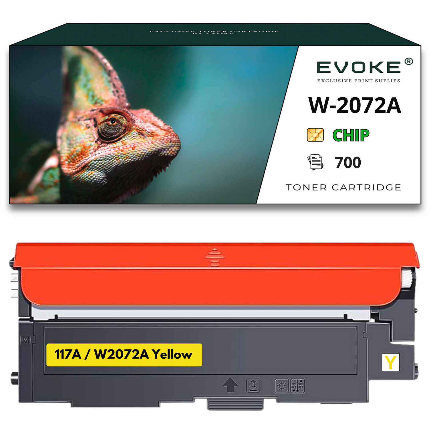 Toner z wizerunkiem kameleona, na pudełku napis 'EVOKE W-2072A'.  Toner jest żółto-czarny z napisem '117A / W2072A Yellow'.