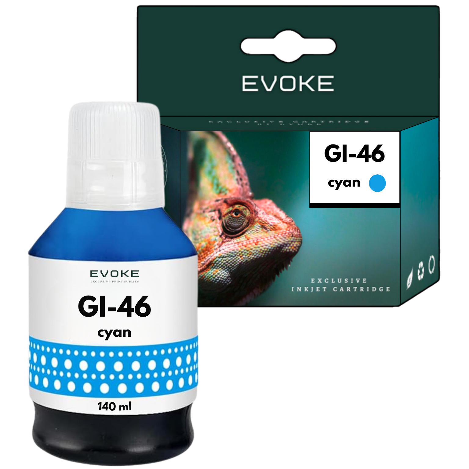 Butelka niebieskiego tuszu i pudełko. Butelka mówi GI-46 cyjan i 140 ml. Pudełko przedstawia kameleona i mówi GI-46 cyjan.