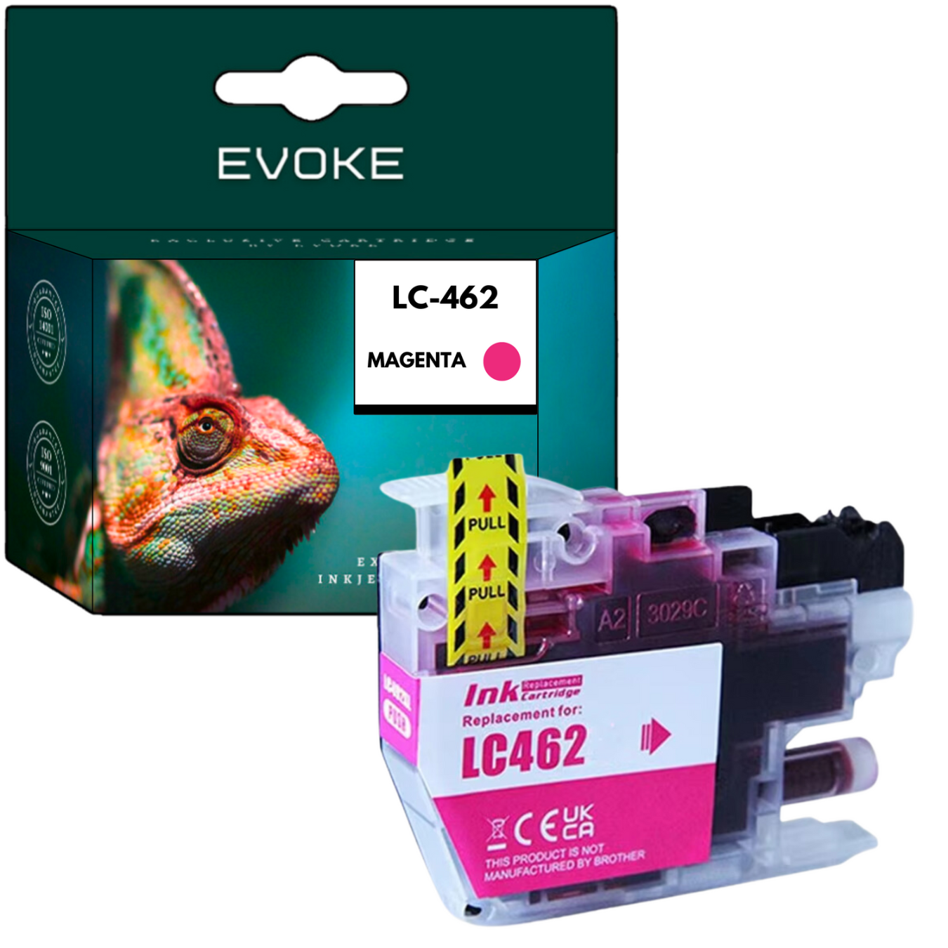 Pudełko z wkładem atramentowym ze zdjęciem kameleona i wkładem w kolorze magenta. Tekst wskazuje LC-462 i wkład zamienny.