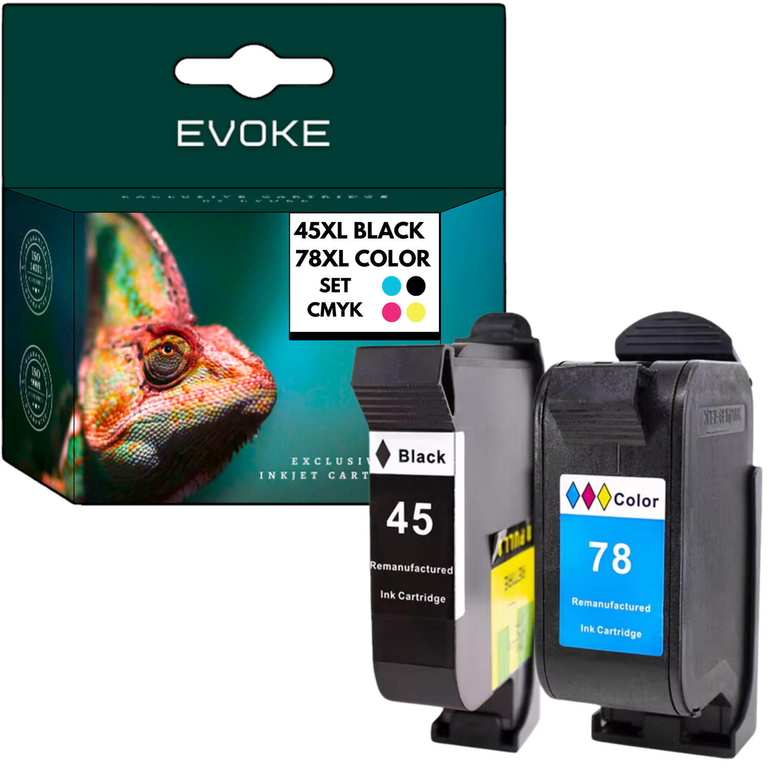 Pudełko ze zdjęciem kameleona, dwa wkłady atramentowe 45 czarny i 78 kolor, wskaźniki koloru CMYK.