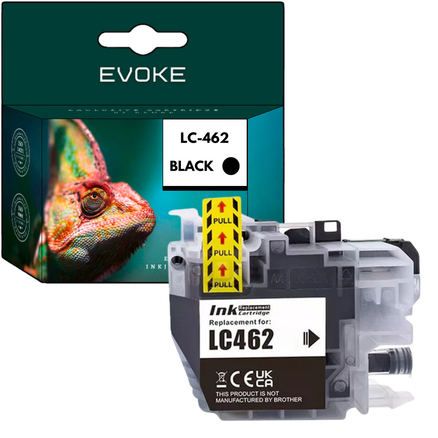 Pudełko z wkładem atramentowym ze zdjęciem kameleona i wkładem. Tekst: LC-462 Czarny. Wkład jest czarny i szary z tekstem: LC462, CE, UK, CA.