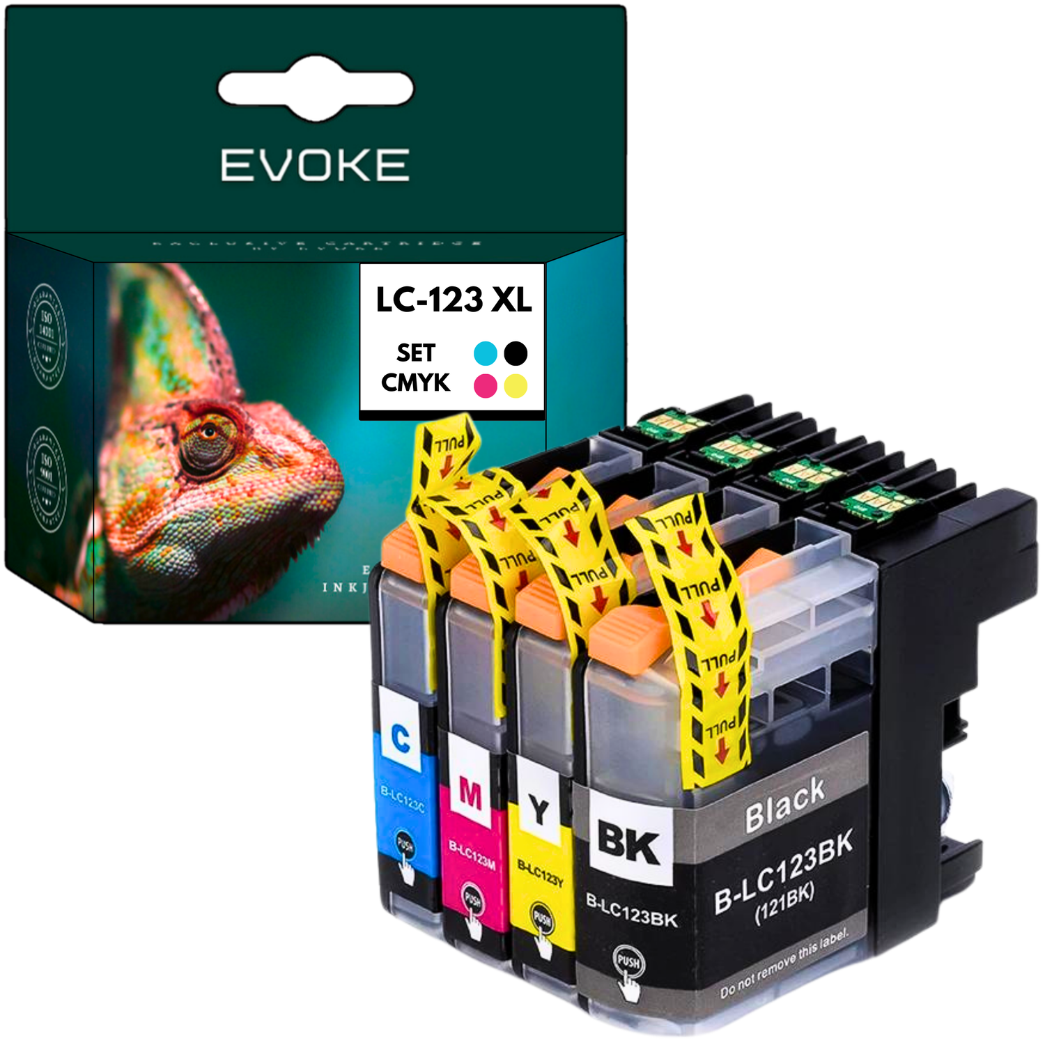 Zestaw wkładów atramentowych z czarnym, cyjanem, magentą i żółtym. Pudełko z kameleonem. Etykiety wskazują CMYK i 'PULL'.