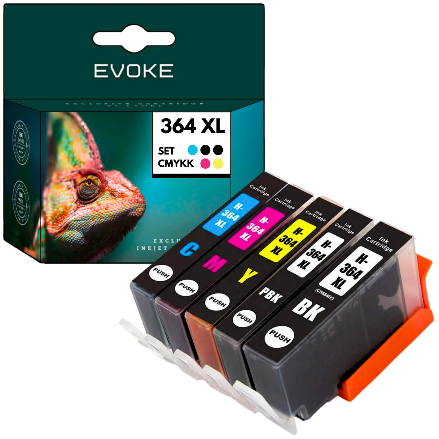 Pudełko z wkładami atramentowymi Evoke, ze zdjęciem kameleona. Zestaw kolorów CMYKK. Wkłady oznaczone H-364 XL, oraz uchwyt.
