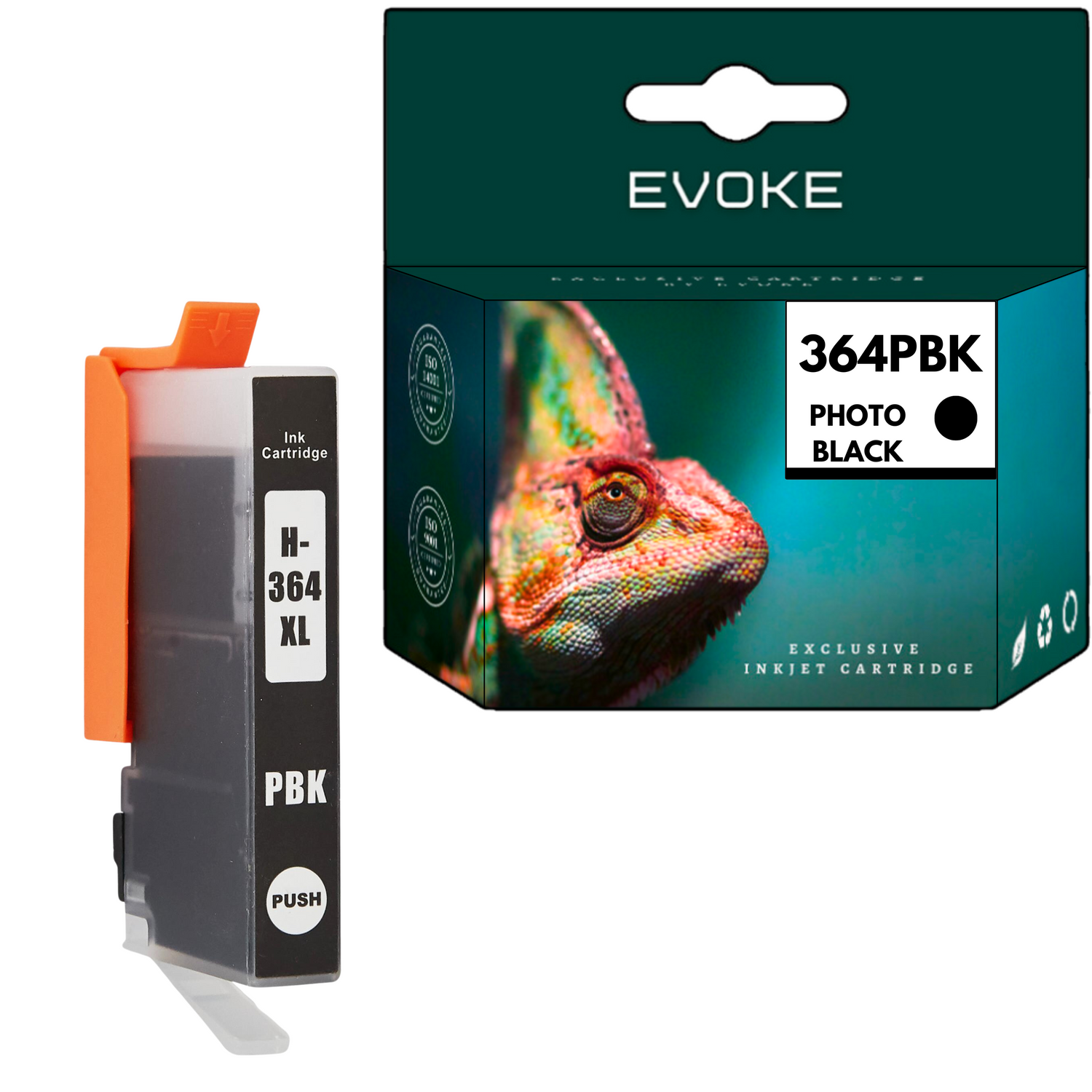 Wkład atramentowy i pudełko. Wkład jest czarny i pomarańczowy. Pudełko przedstawia kameleona.