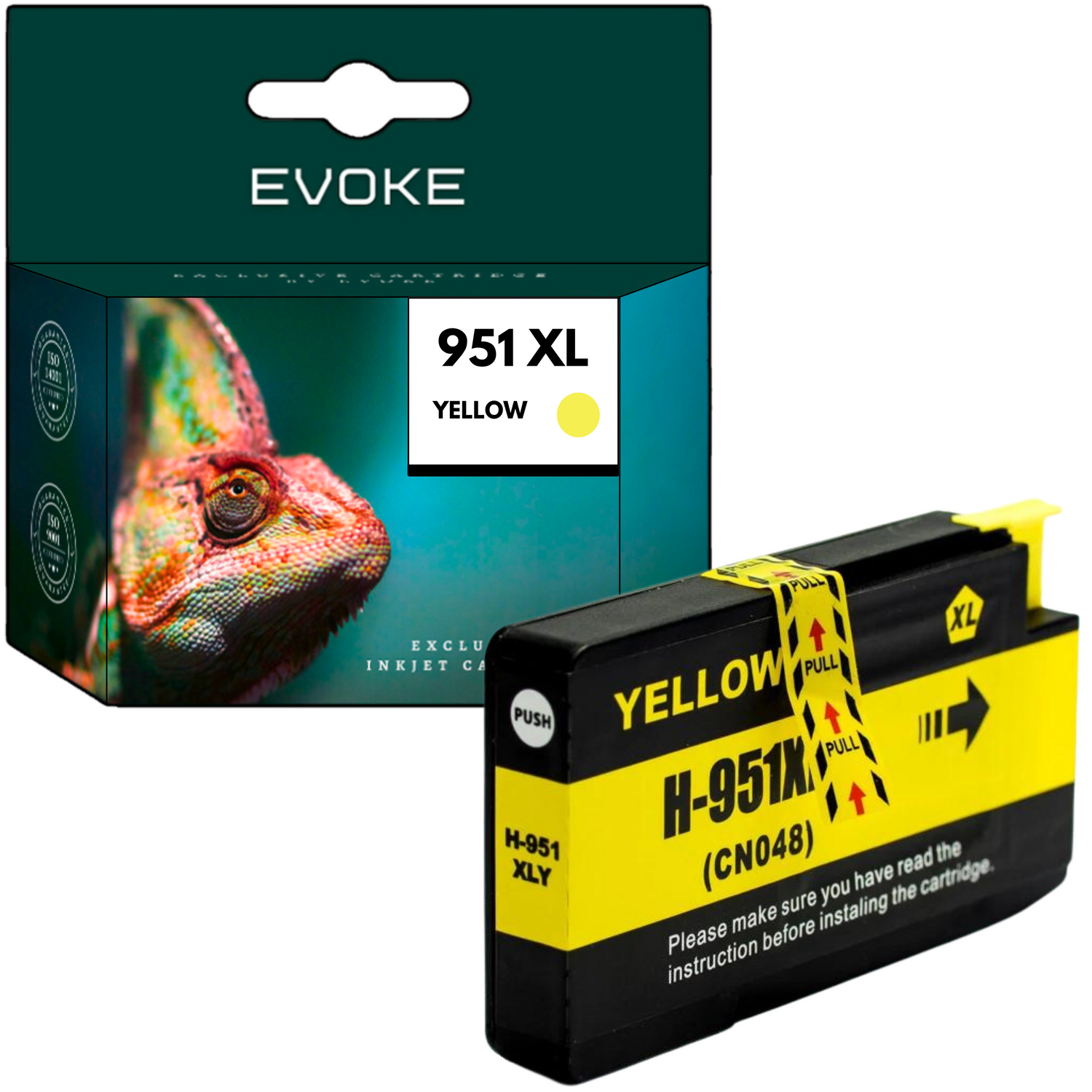 Pokazano pudełko i wkład. Pudełko ma wizerunek kameleona. Wkład jest czarny i żółty z napisem 'Yellow H-951X'.