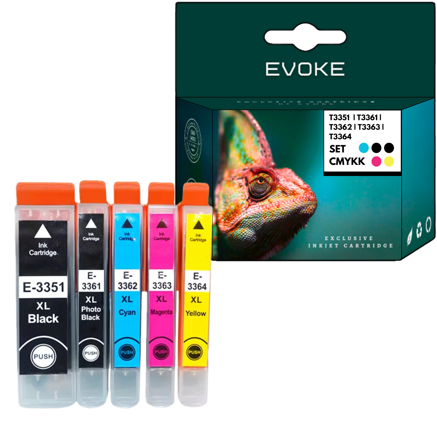 Wkłady atramentowe i pudełko. Wkłady są czarne, czarne fotograficzne, cyjan, magenta i żółte. Pudełko pokazuje kameleona.