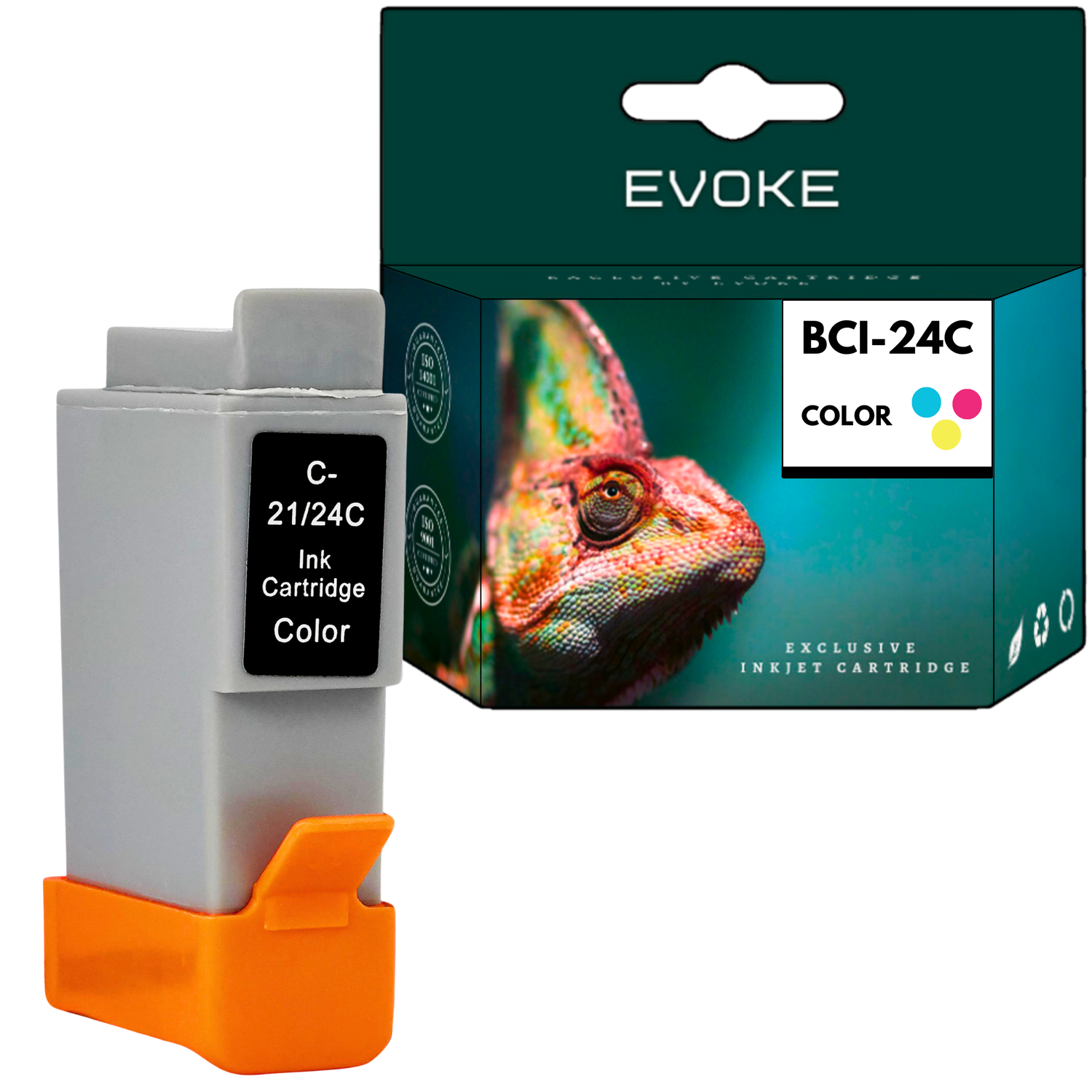Wkład atramentowy z pomarańczową podstawą i szarym korpusem. Pudełko z kameleonem. Tekst zawiera 'BCI-24C', 'COLOR' i 'EVOKE'.
